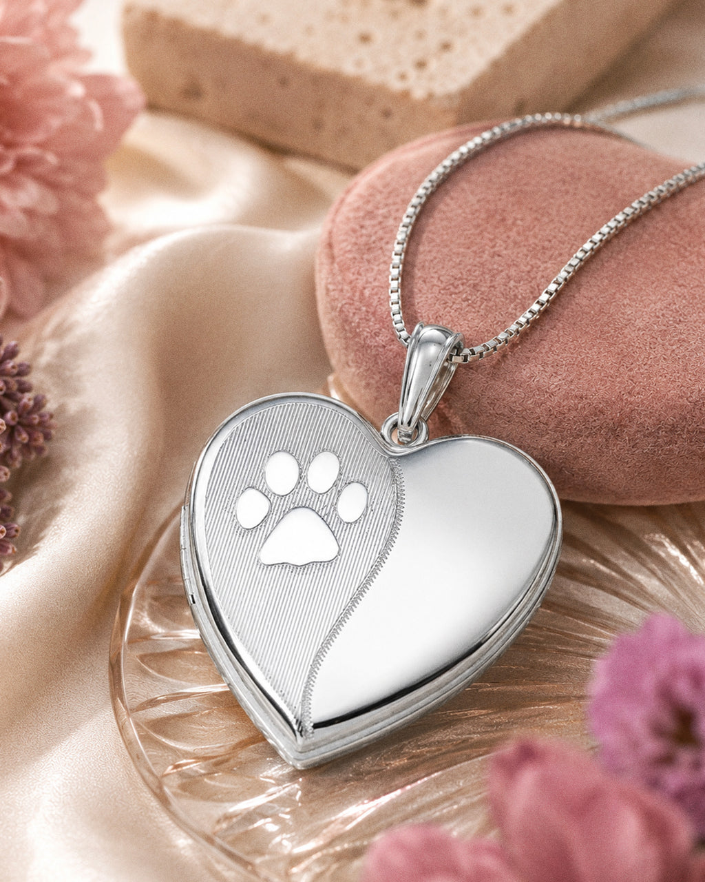 Sterling Silver Polish and Satin Paw Print Heart Photo Locket - lifestyle