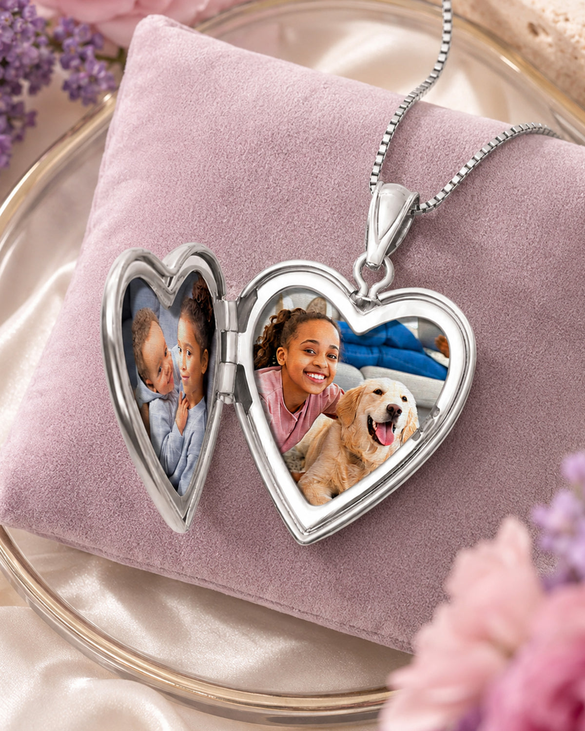 Sterling Silver Polish and Satin Paw Print Heart Photo Locket - lifestyle