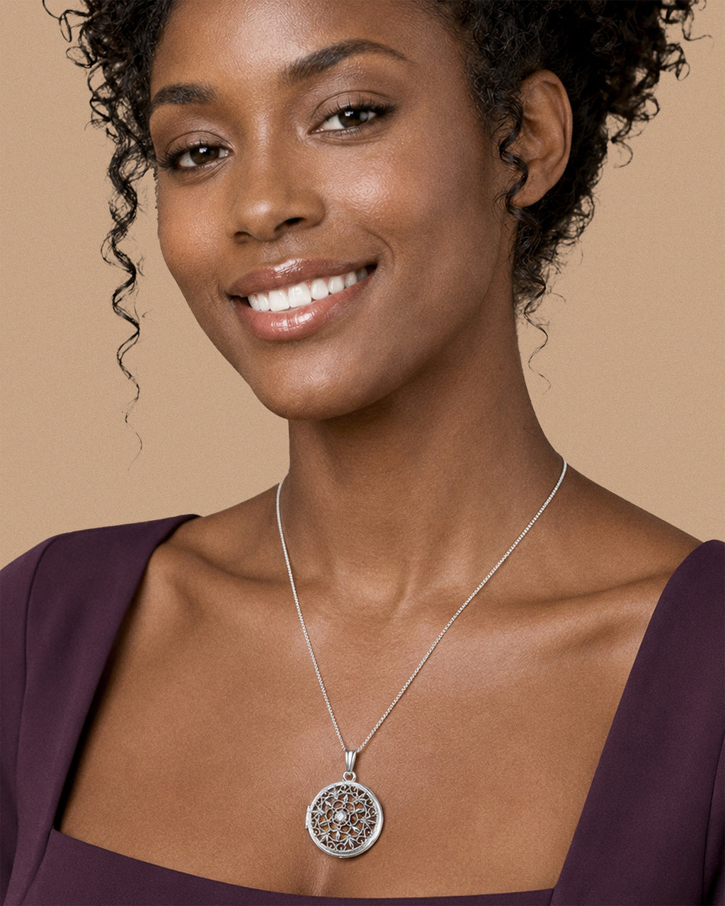 Photo Engraved Ornate Round Swivel Locket - on model