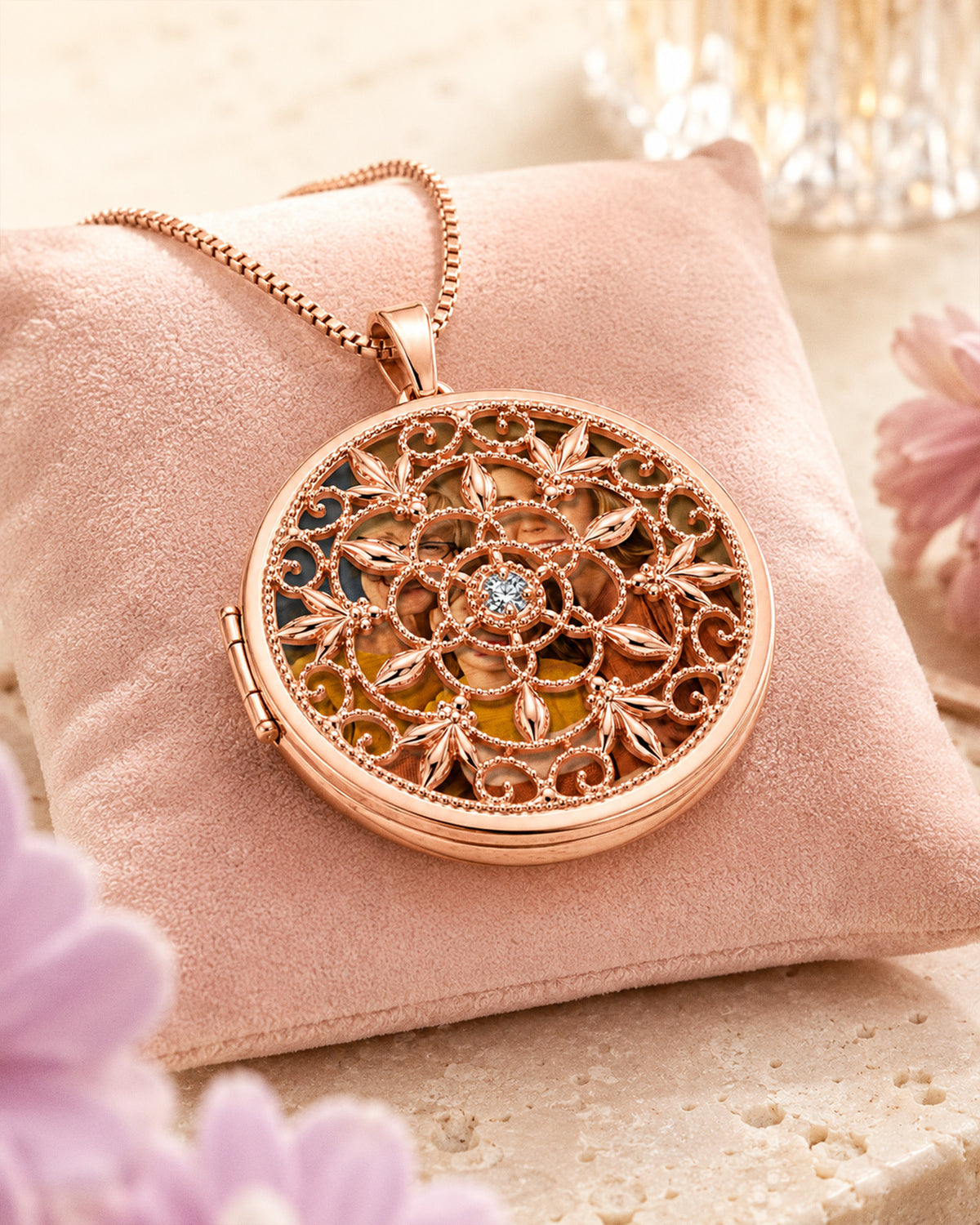 Rose Gold Swivel Round Photo Locket - lifestyle