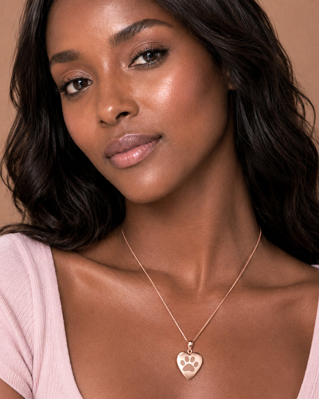 Rose Gold Plated "Dog Paw Print" Heart Photo Locket - on model