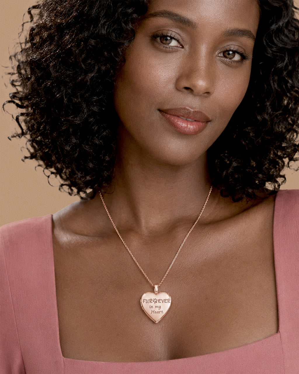 Rose Gold Plated "Furever In My Heart" Heart Photo Locket - on model