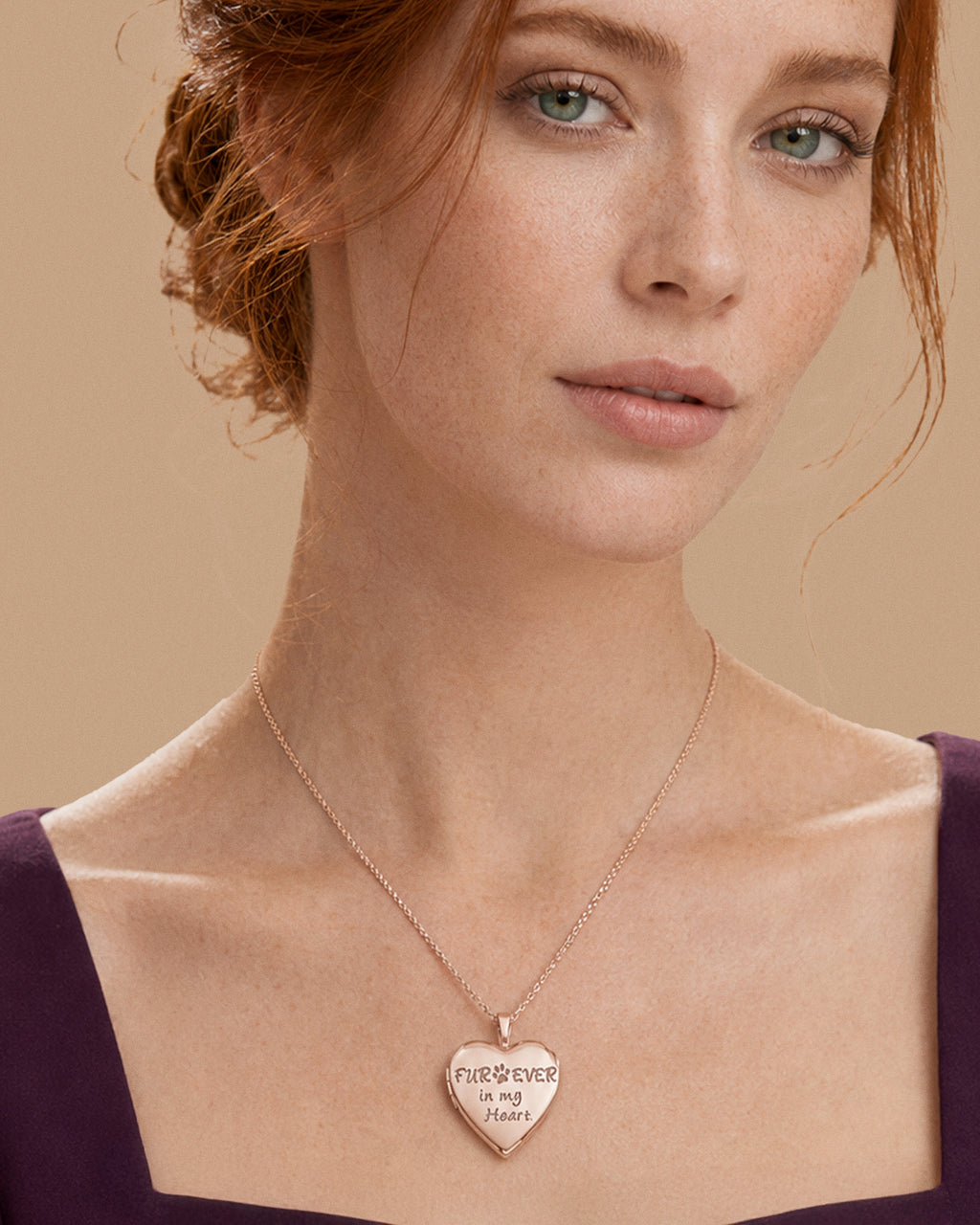 Rose Gold Plated "Furever In My Heart" Heart Photo Locket - on model