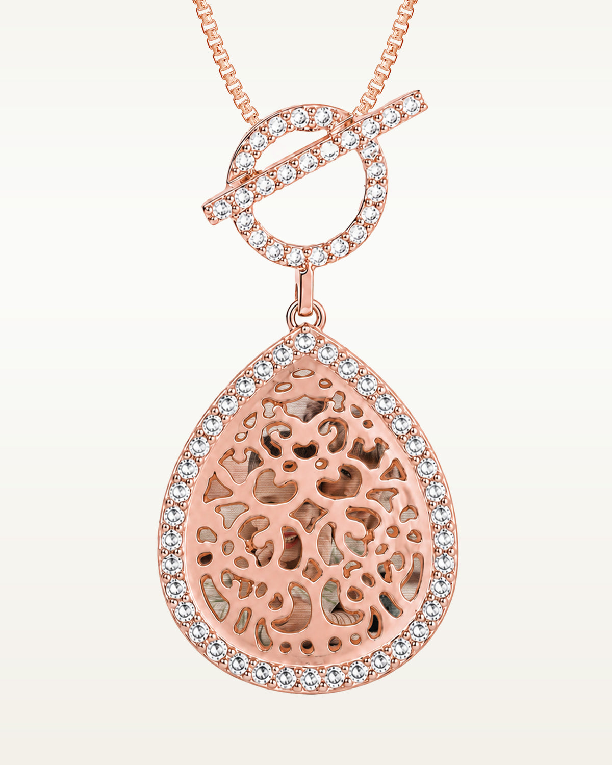 Rose Gold Plated Ornate Teardrop Swivel Locket with Chain Included
