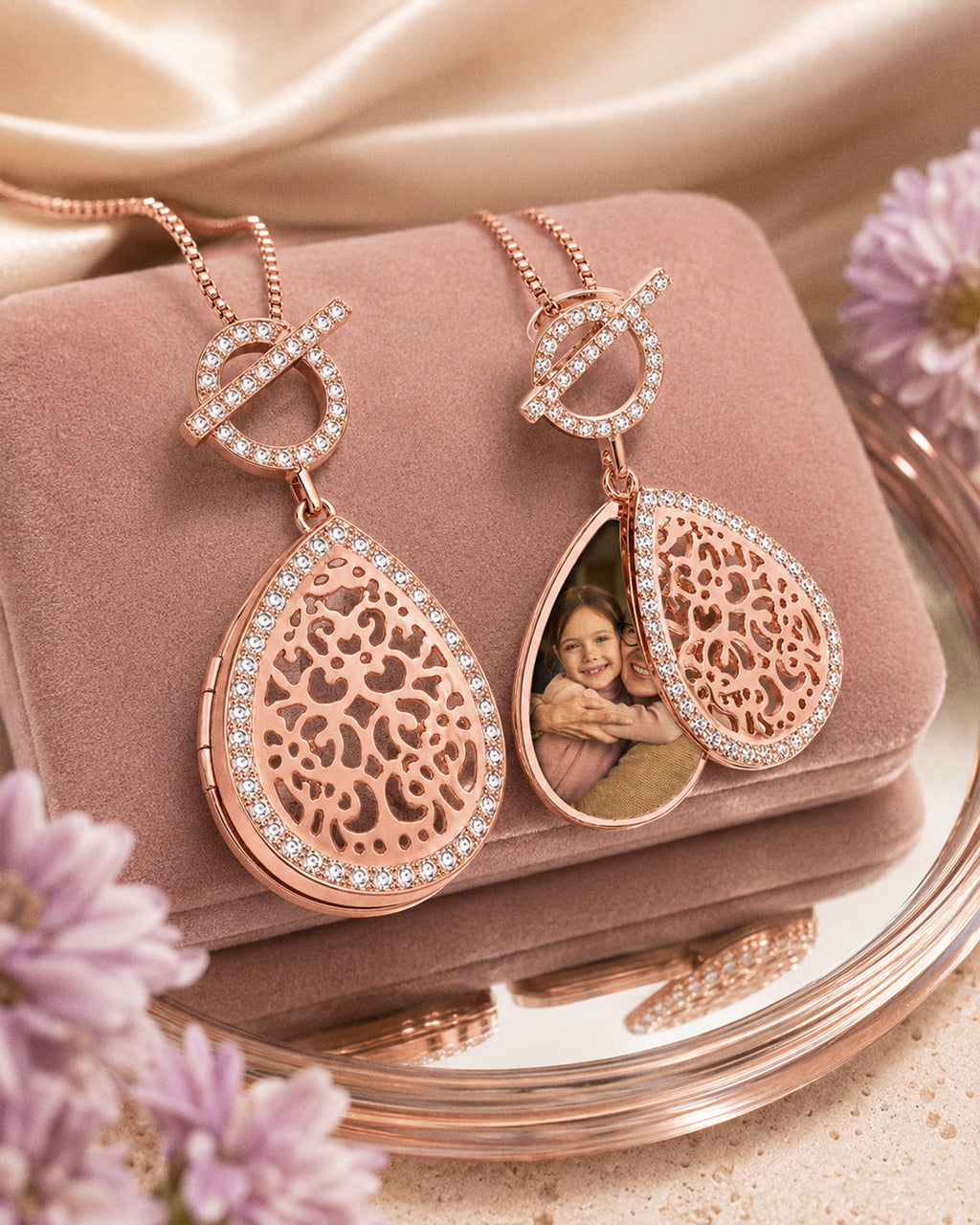 Rose Gold Plated Ornate Teardrop Swivel Locket with Chain Included - lifestyle