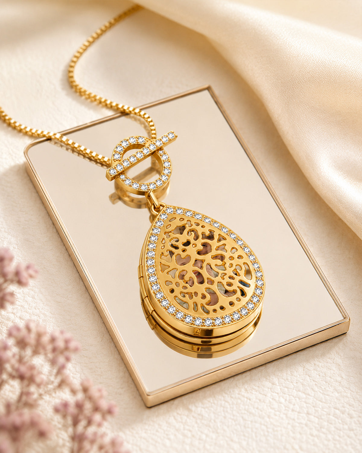 Ornate Teardrop Swivel Locket with Chain Included - lifestyle