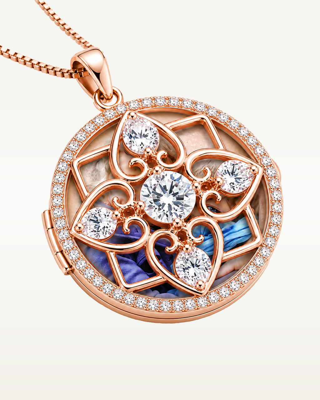 Rose Gold Round Photo Locket with Cubic Zirconias with Chain Included