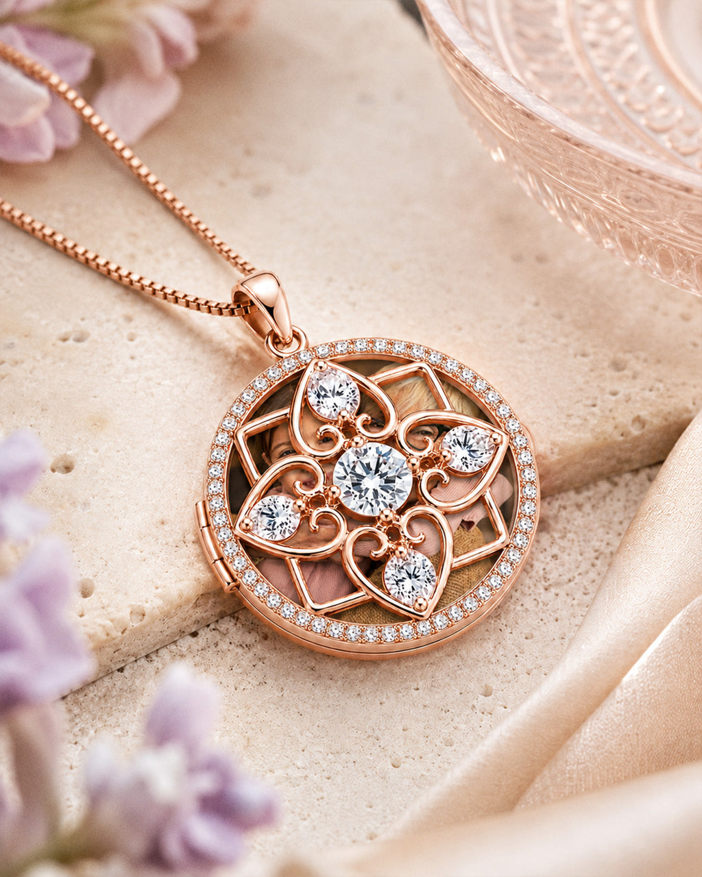 Rose Gold Round Photo Locket with Cubic Zirconias with Chain Included - lifestyle
