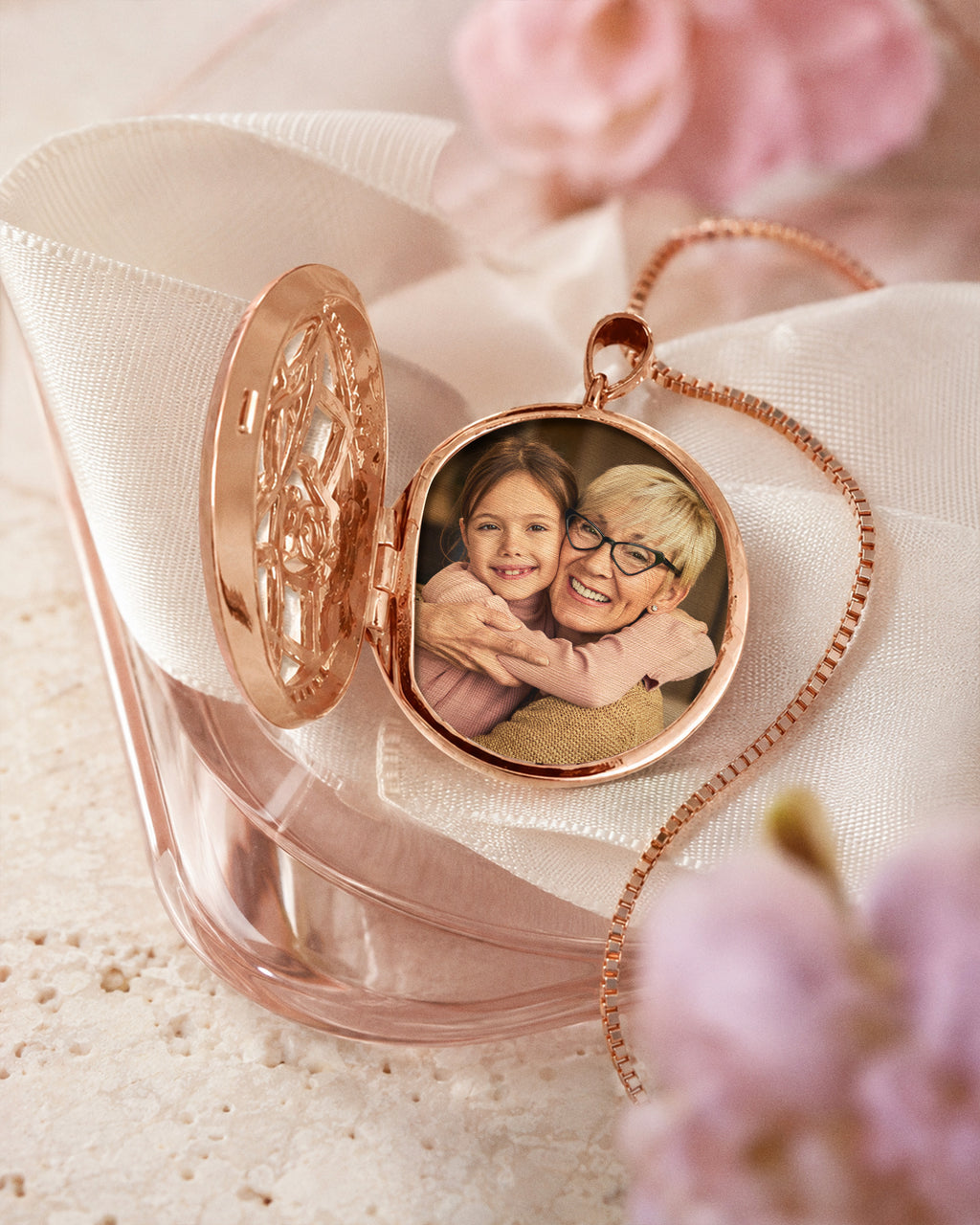 Rose Gold Round Photo Locket with Cubic Zirconias with Chain Included - lifestyle