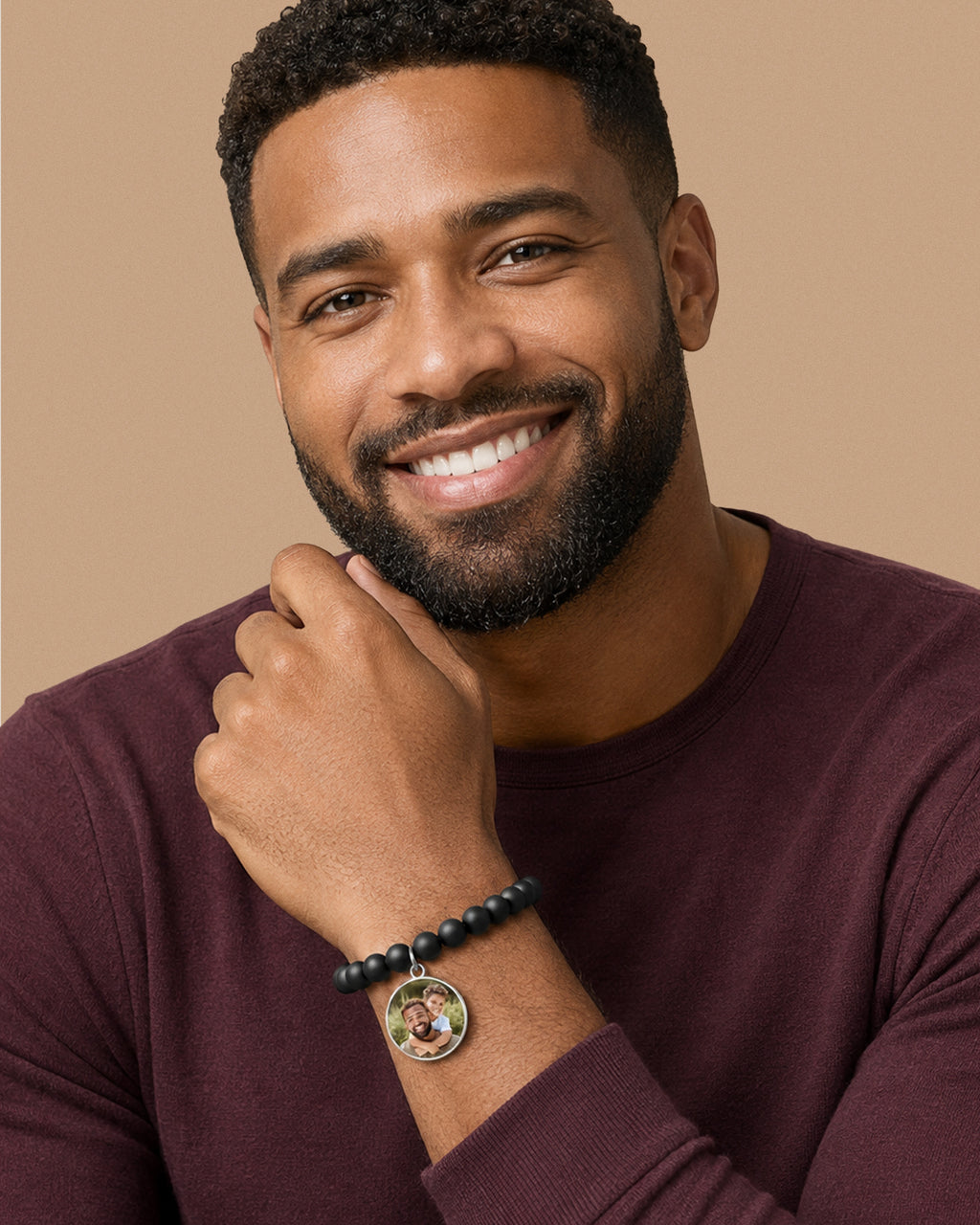Photo Engraved Beaded Stretch Bracelet - on model