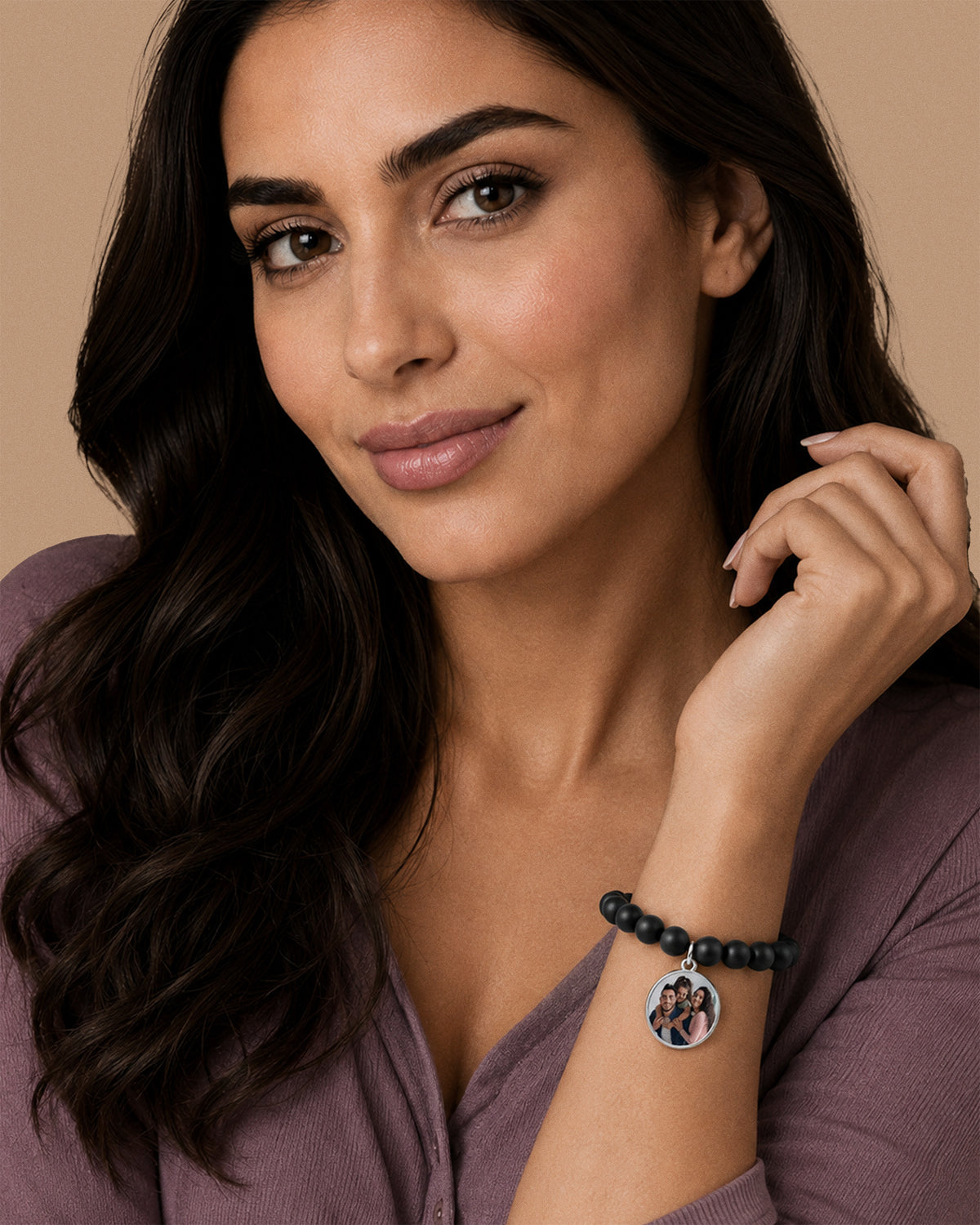 Photo Engraved Beaded Stretch Bracelet - on model
