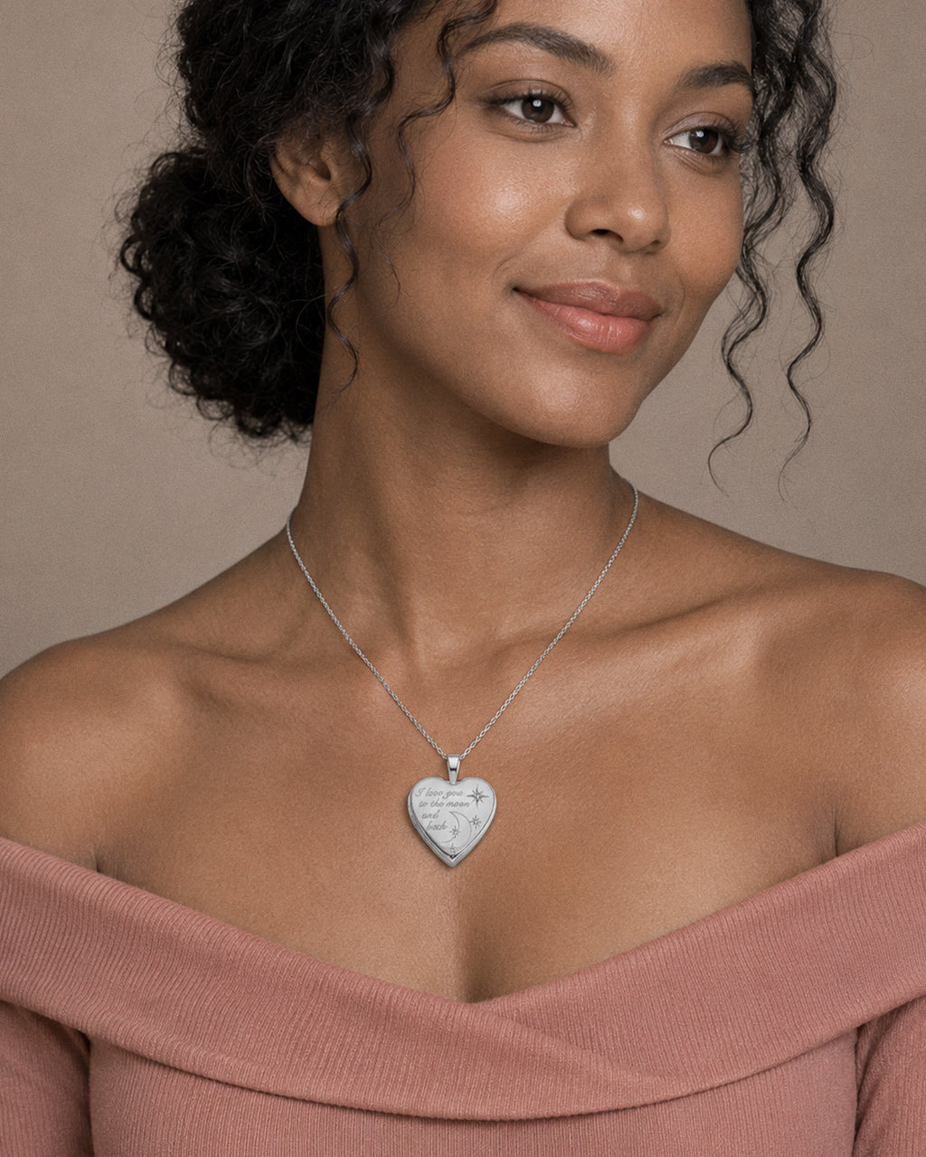 Sterling Silver " To The Moon & Back " Heart Photo Locket - on model