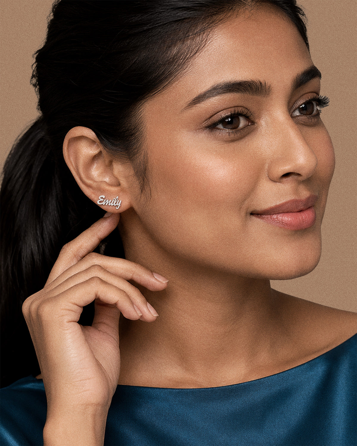 Pair Of Script Name Earrings - on model