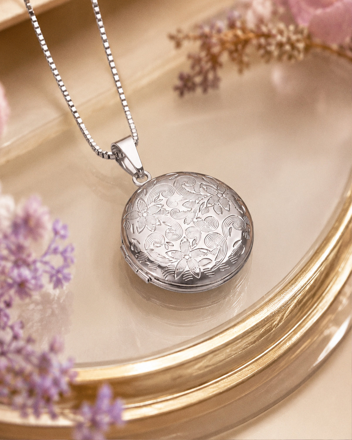Round Floral Photo Locket with 18" Chain - lifestyle