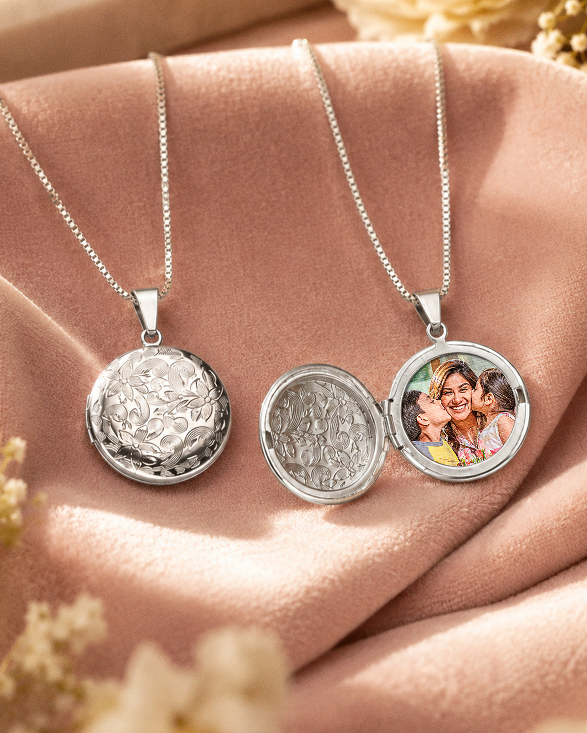 Round Floral Photo Locket with 18" Chain - lifestyle
