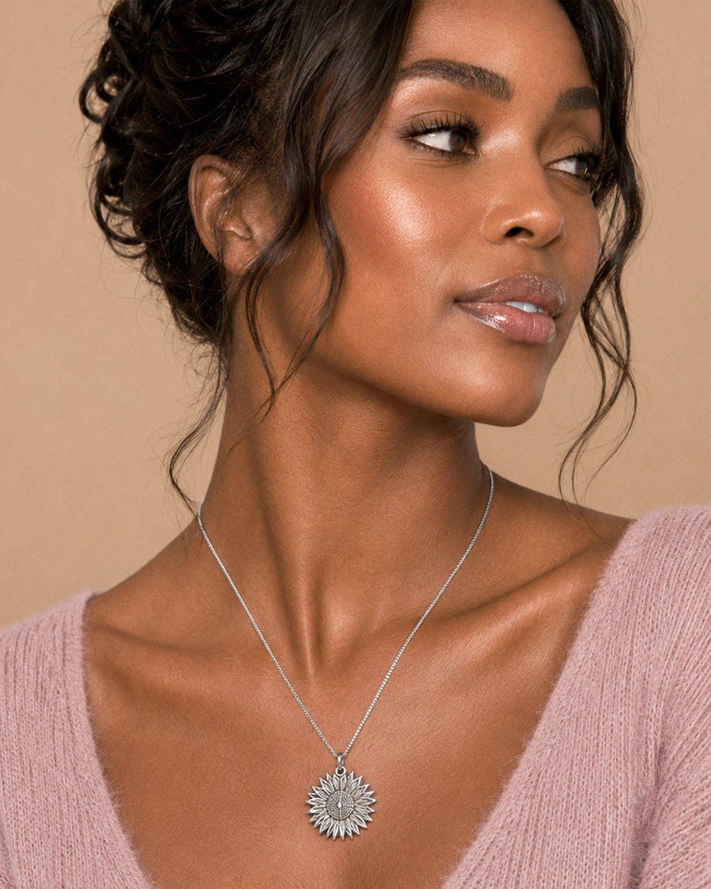 Exclusive Sunflower Photo Necklace & Chain - on model