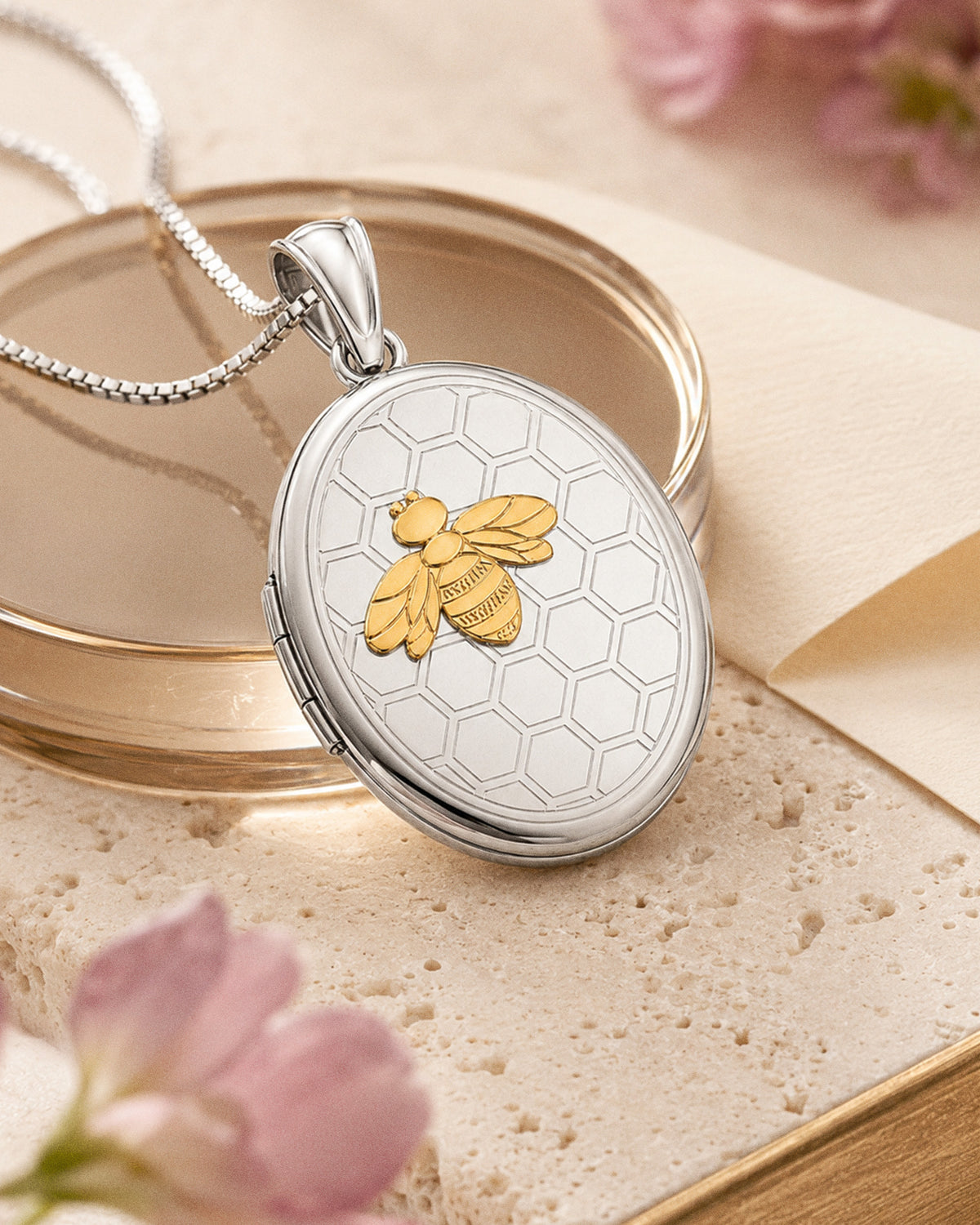 Sterling Silver Two Tone Bee Oval Photo Locket - lifestyle