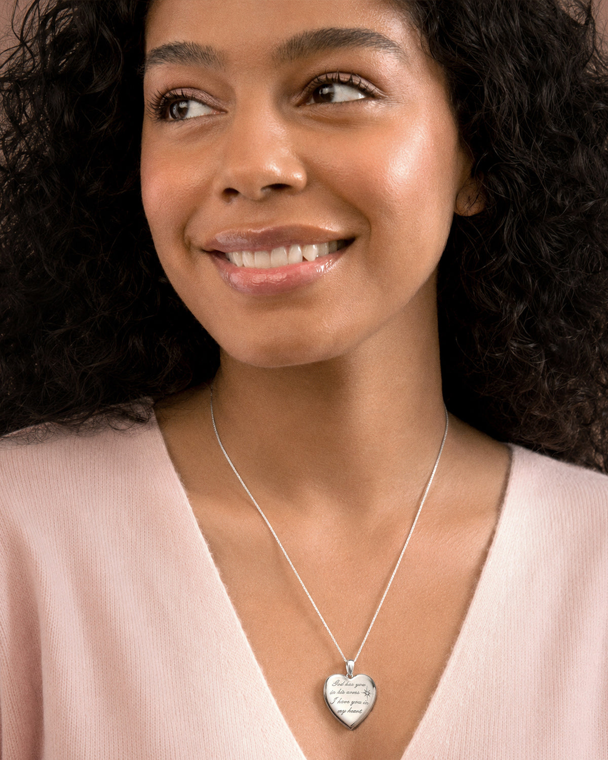 Sterling Silver 'God has you..' Diamond Heart Photo Locket - on model