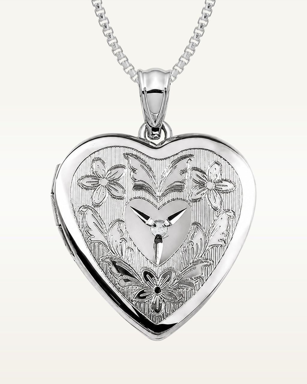 Sterling Silver Floral Heart Photo Locket with Diamond