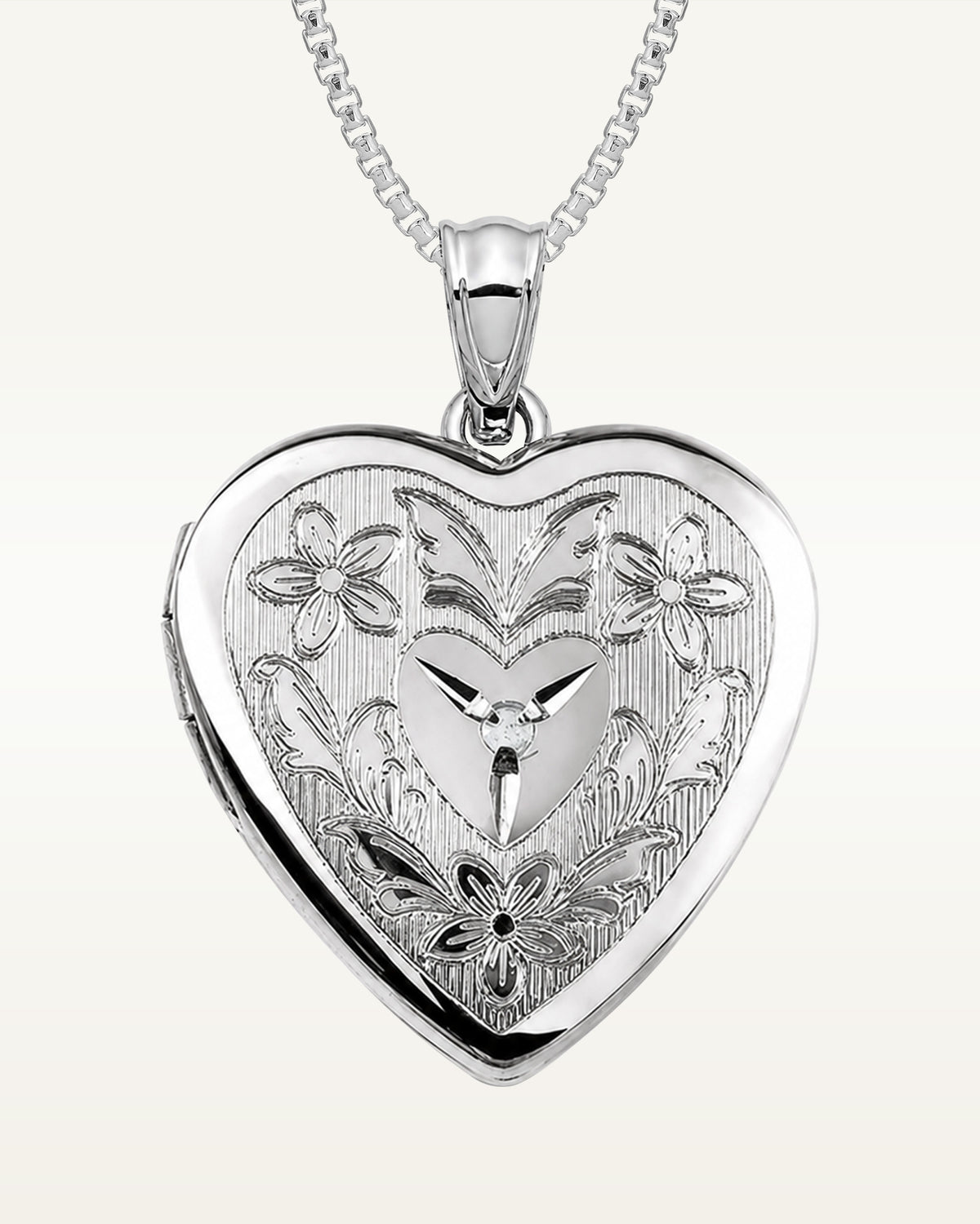 Silver Floral Heart Photo Locket with Diamond