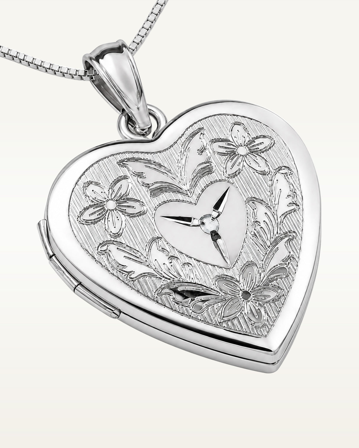 Sterling Silver Floral Heart Photo Locket with Diamond