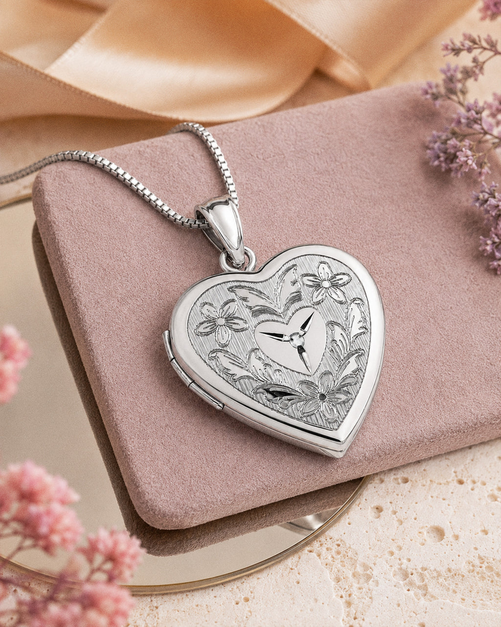 Sterling Silver Floral Heart Photo Locket with Diamond - lifestyle