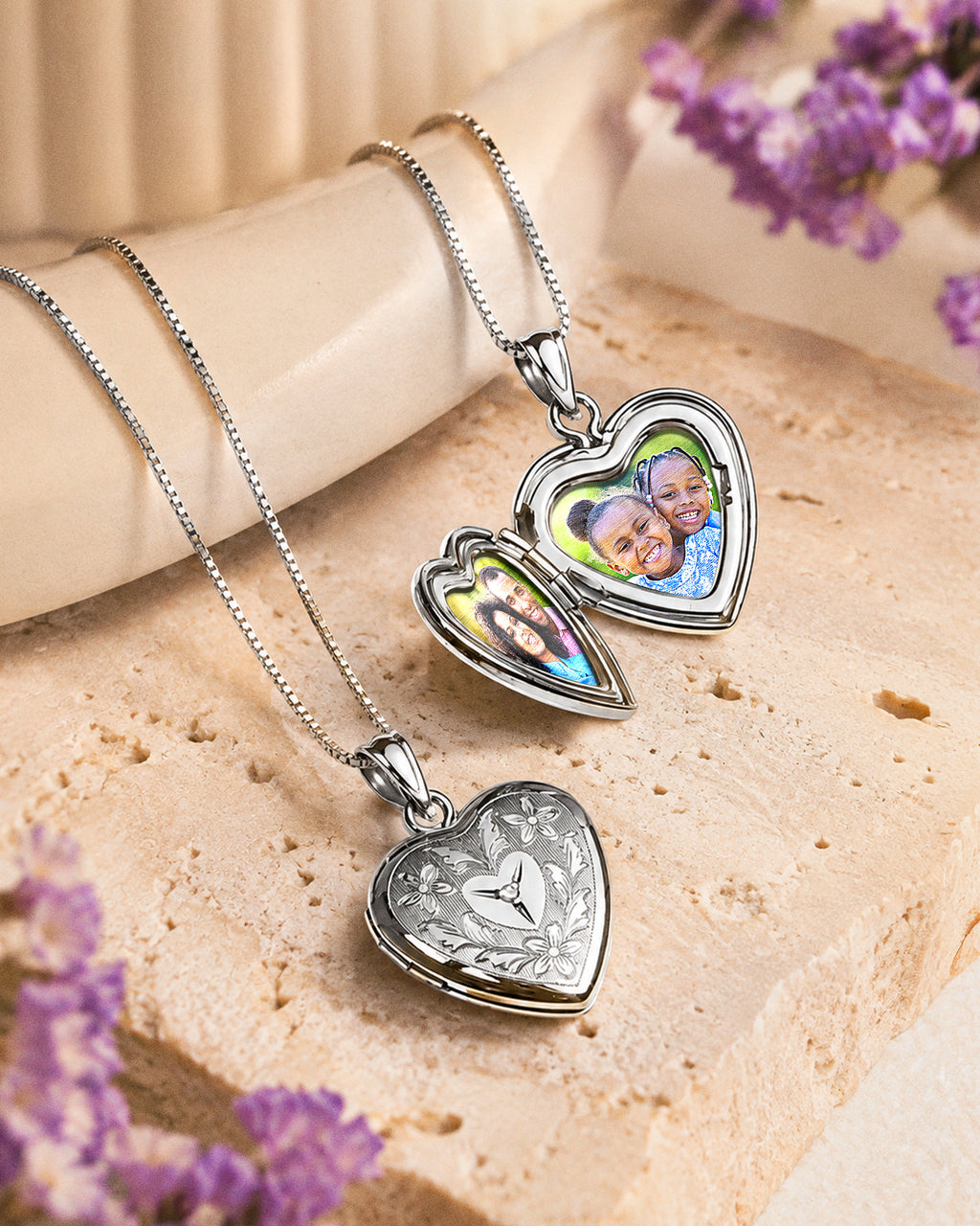 Sterling Silver Floral Heart Photo Locket with Diamond - lifestyle