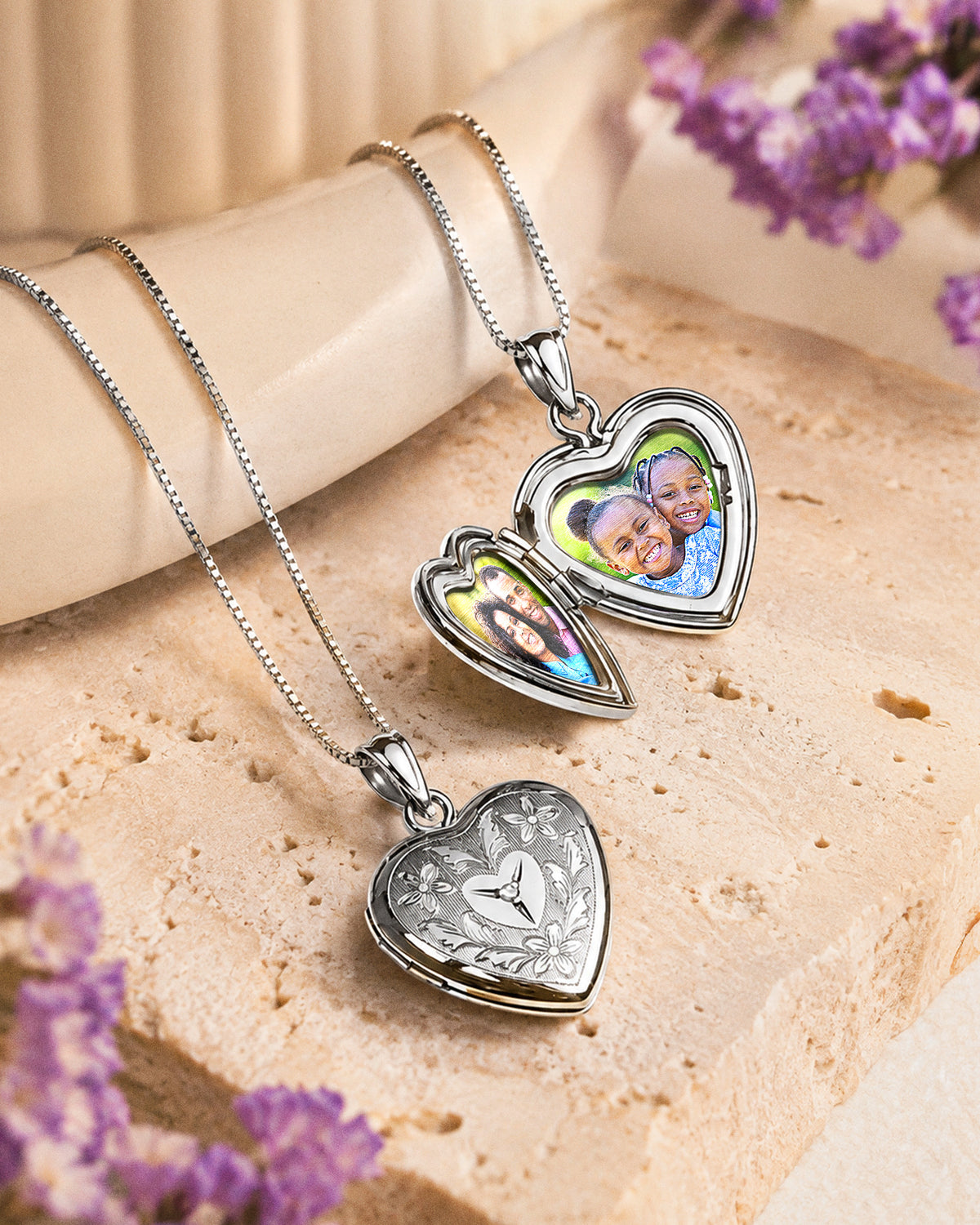 Sterling Silver Floral Heart Photo Locket with Diamond - lifestyle