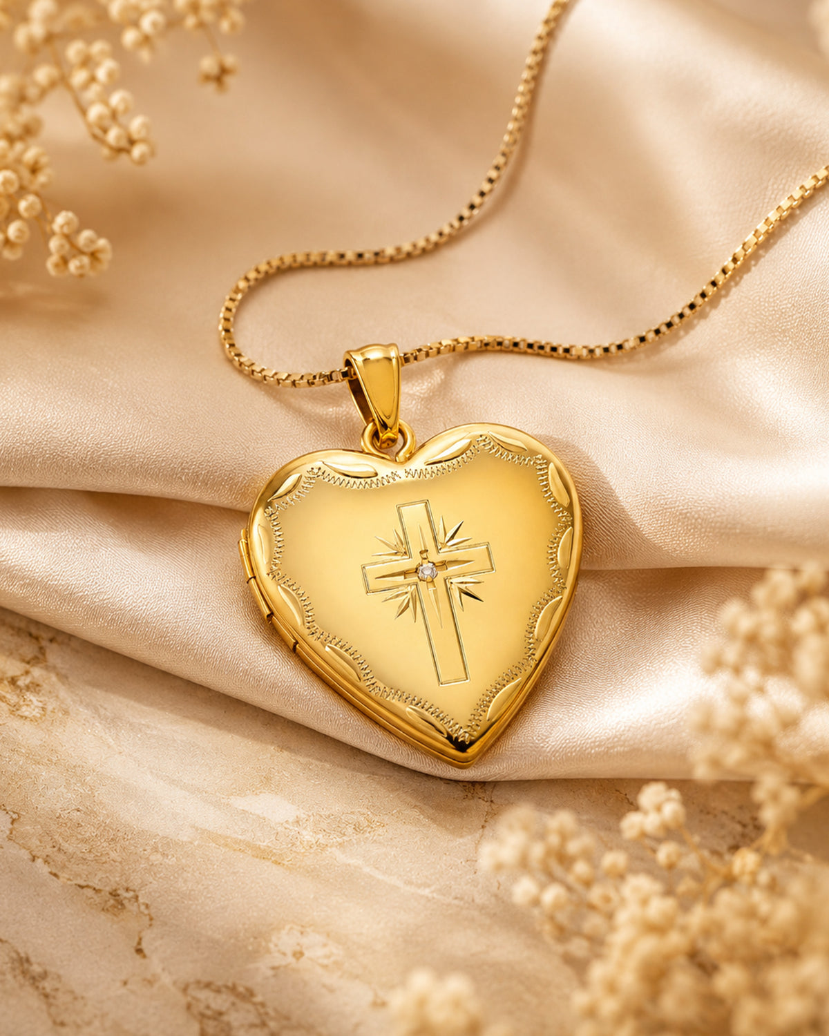 14k Gold Filled Cross Heart Photo Locket with CZ - lifestyle