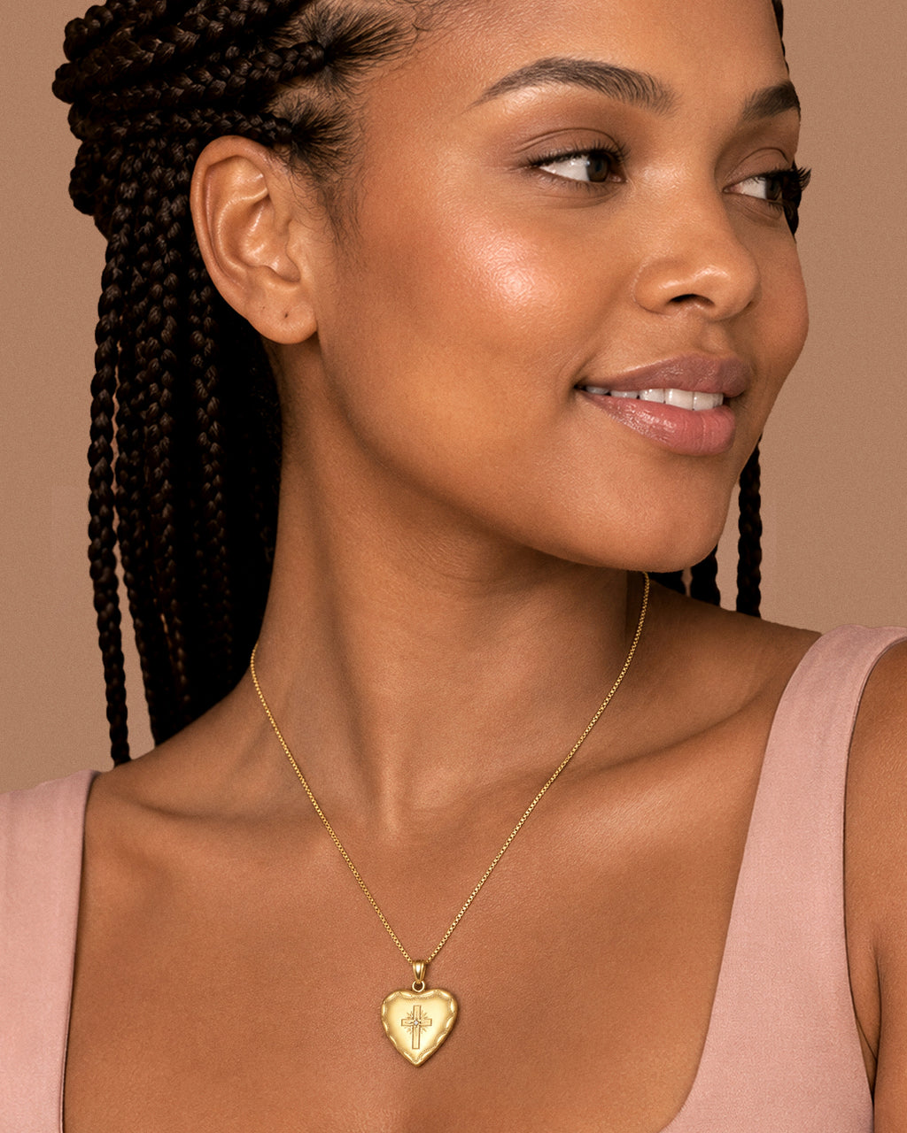 14k Gold Filled Cross Heart Photo Locket with CZ - on model