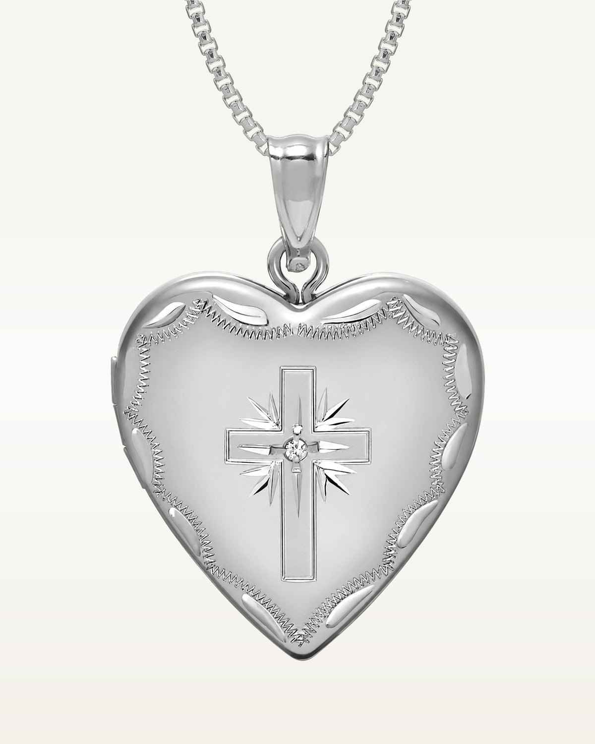 Silver Cross Heart Photo Locket with CZ