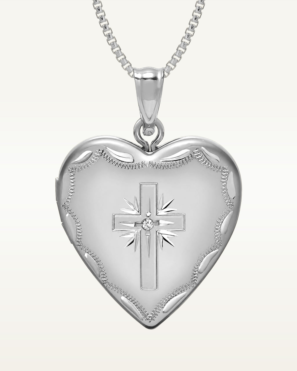 14k White Gold Cross Heart Photo Locket with Diamond