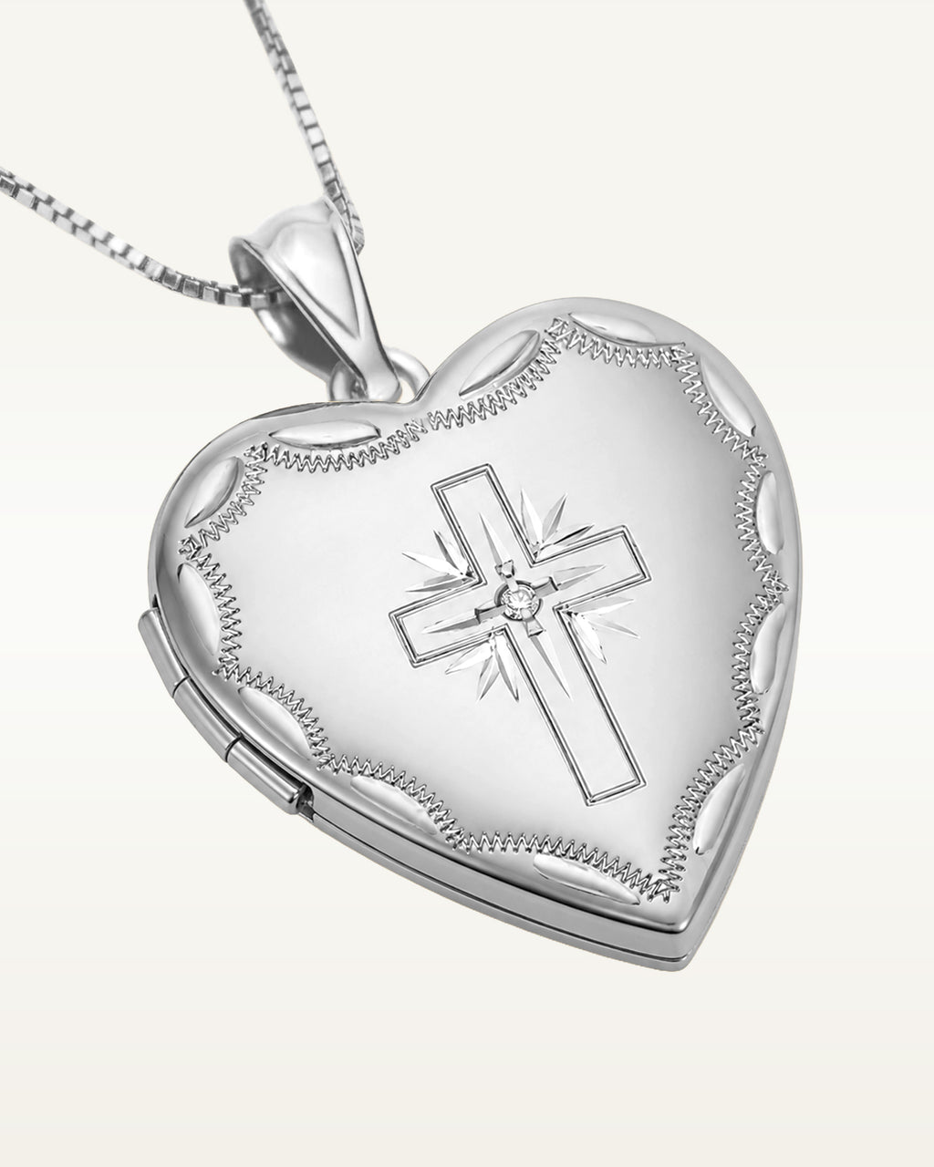 14k White Gold Cross Heart Photo Locket with Diamond