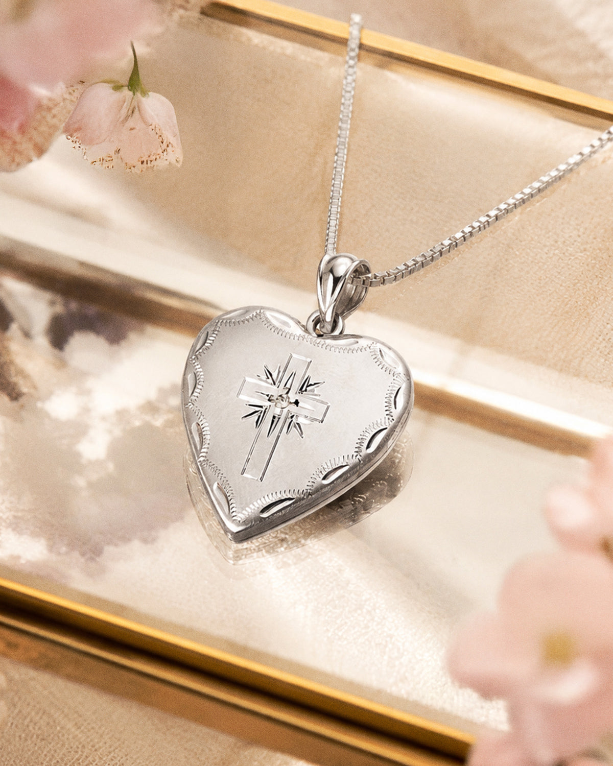 14k White Gold Cross Heart Photo Locket with Diamond - lifestyle