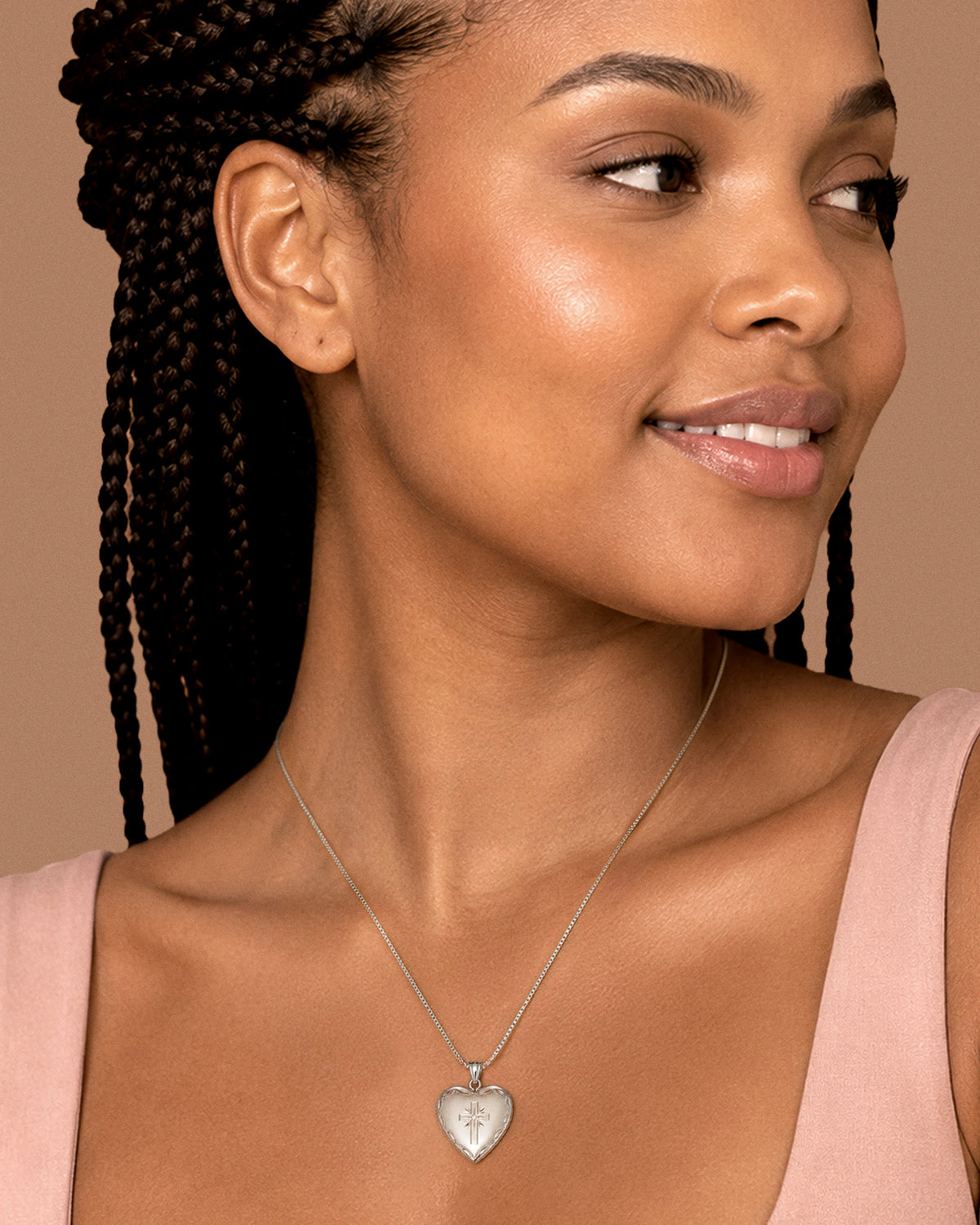14k White Gold Cross Heart Photo Locket with Diamond - on model