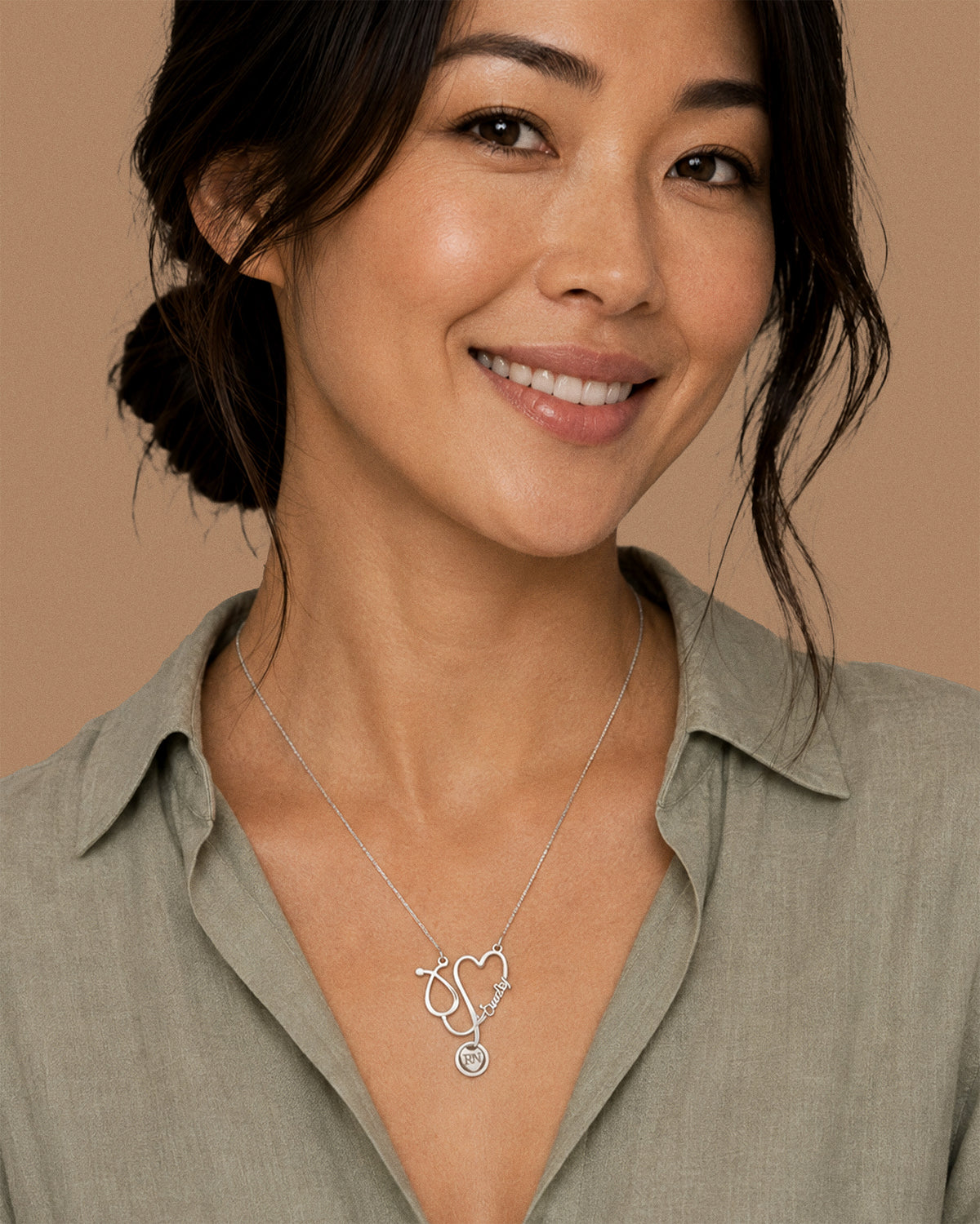 Personalized Nurse Stethoscope Name Necklace with Chain Included - on model