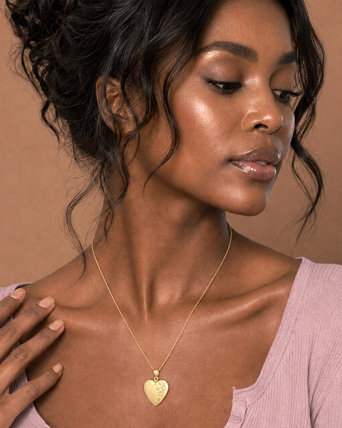 14k Yellow Gold Butterflies Photo Locket - on model