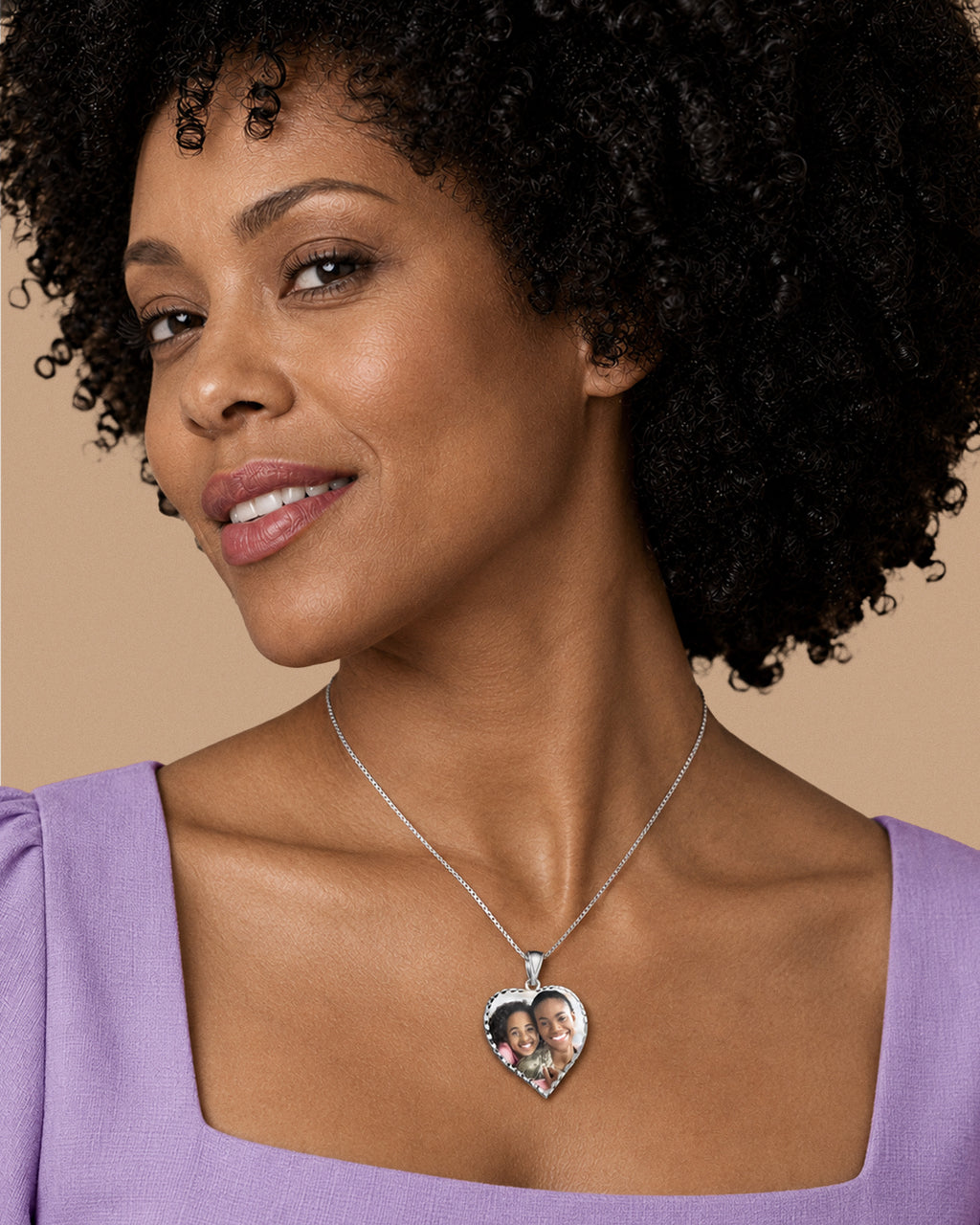 Modern Heart Photo Pendant with Diamond Cut Edge - on model