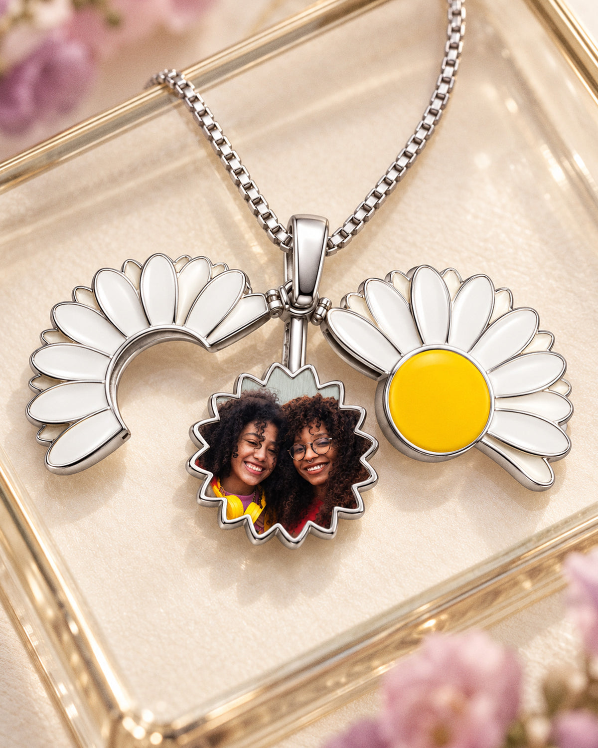 Exclusive Enameled Daisy Photo Necklace & Chain - lifestyle