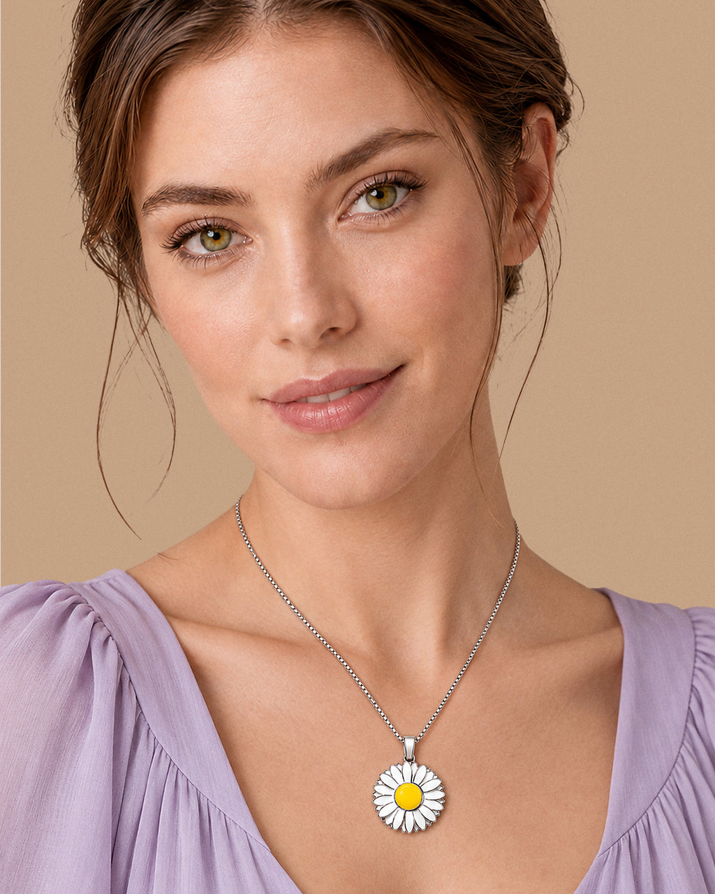 Exclusive Enameled Daisy Photo Necklace & Chain - on model