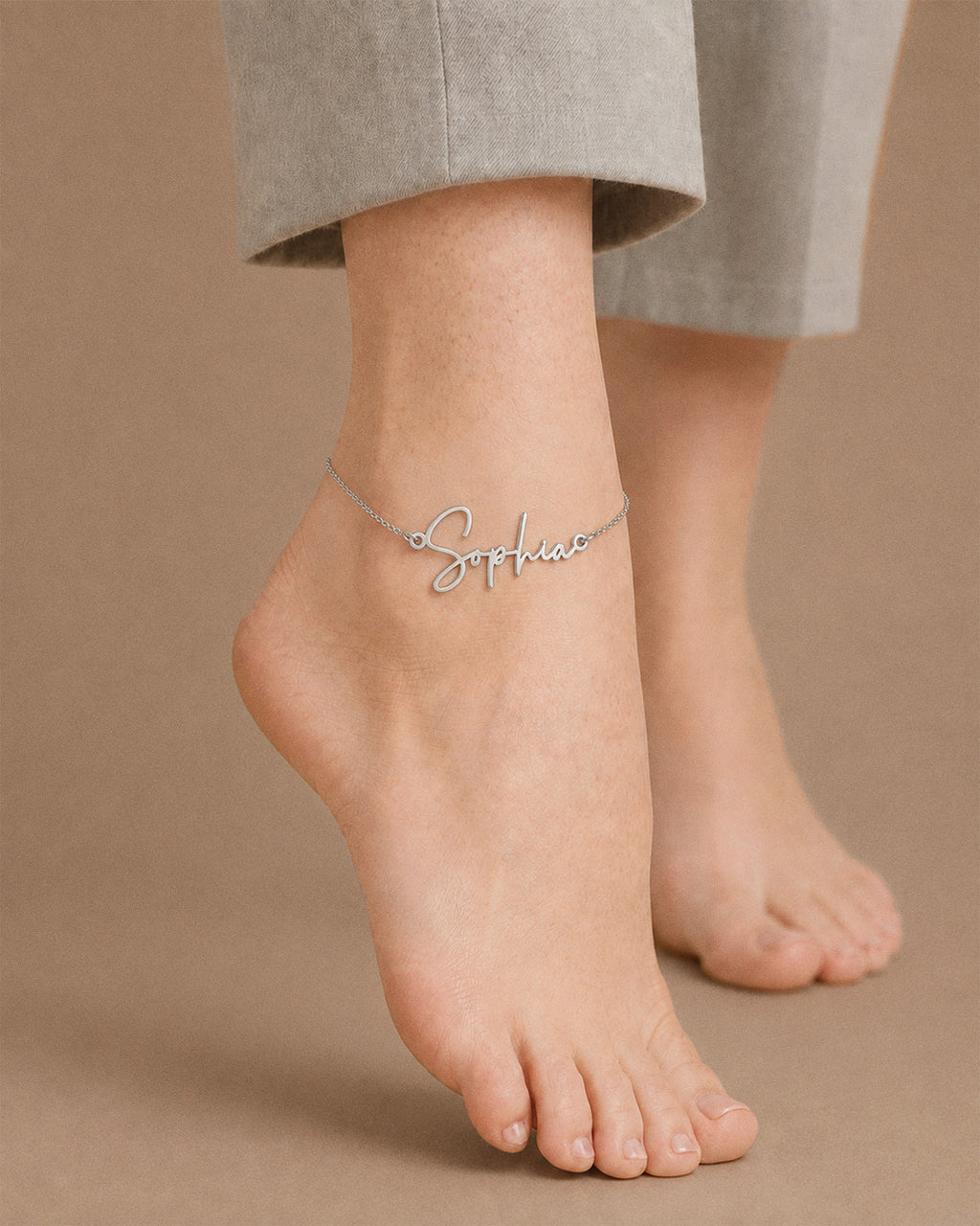 Exclusive Personalized Modern Script Name Anklet / Ankle Bracelet - Adjustable Size - on model
