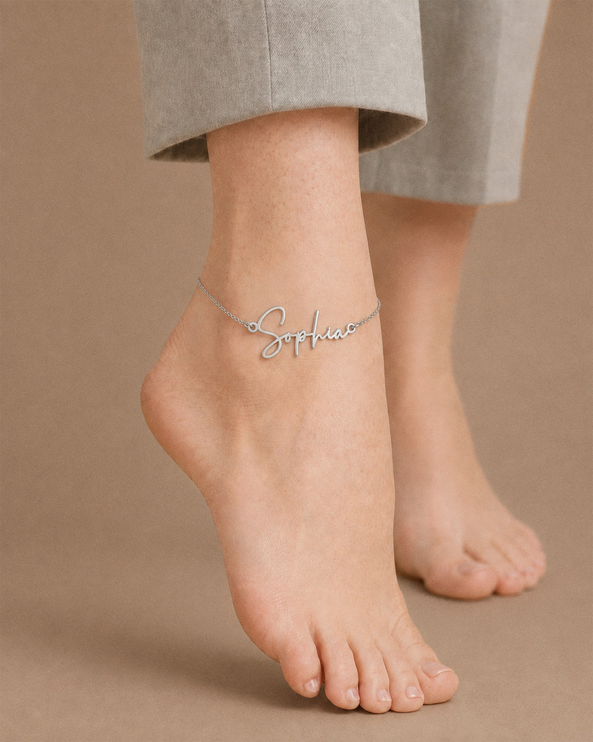 Exclusive Personalized Modern Script Name Anklet / Ankle Bracelet - Adjustable Size - on model
