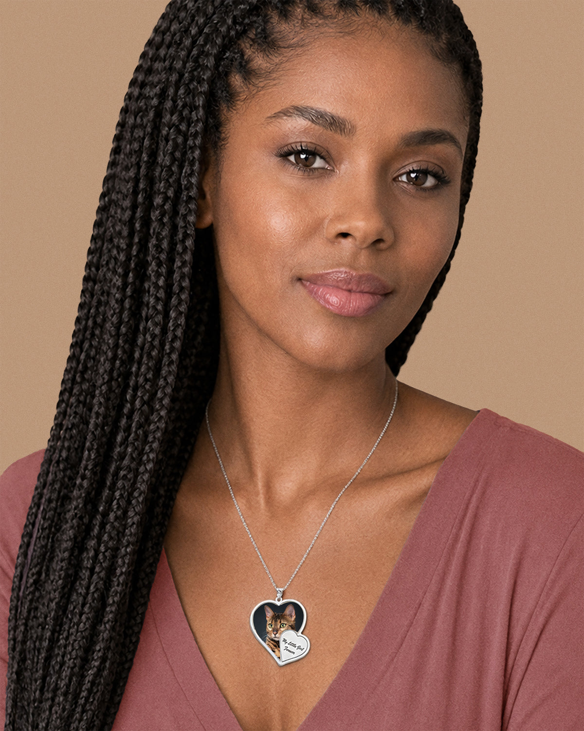 Double Heart Photo Pendant w/ Personalized Front Engraving - on model