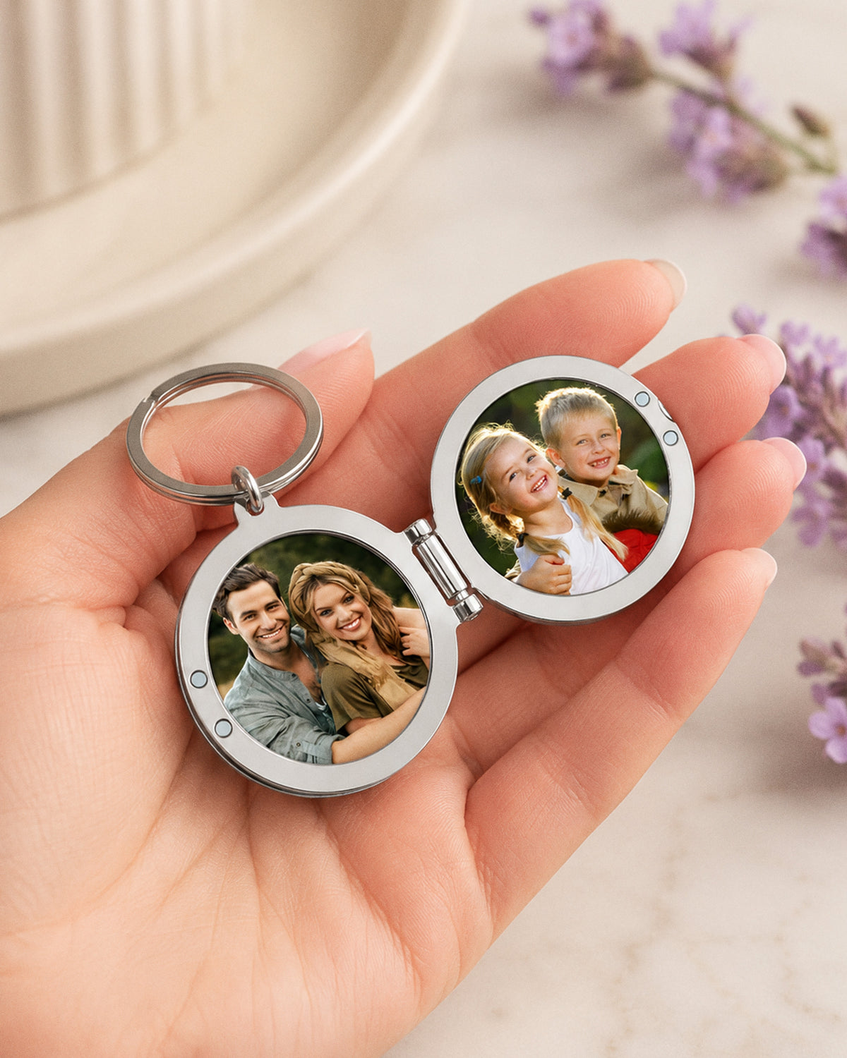 Round Stainless Steel Key Chain Photo Locket - on model
