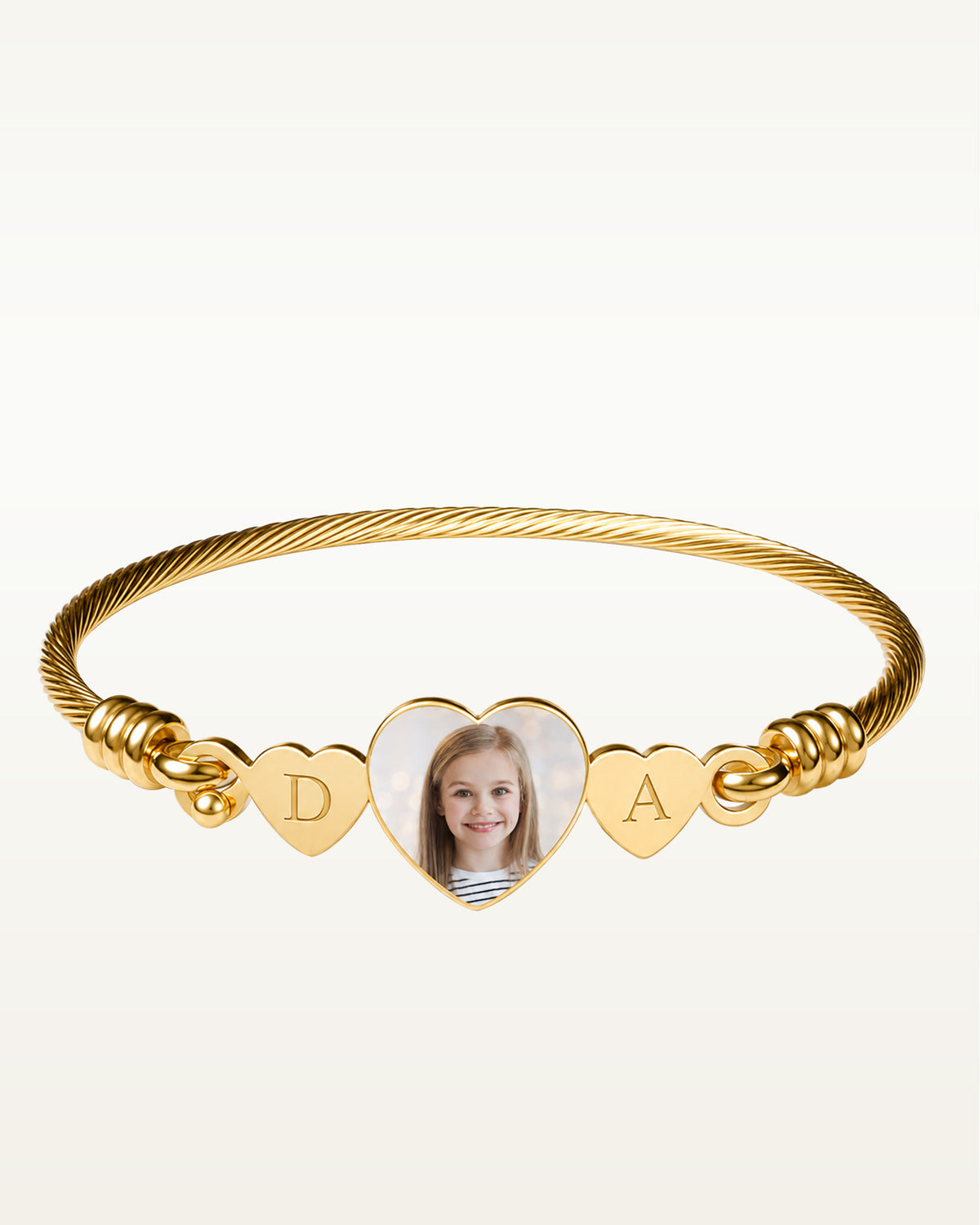 Stainless Steel Photo Engraved Heart Shaped Bangle Bracelet with Initials