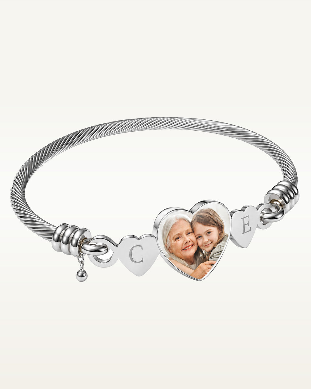 Stainless Steel Photo Engraved Heart Shaped Bangle Bracelet with Initials