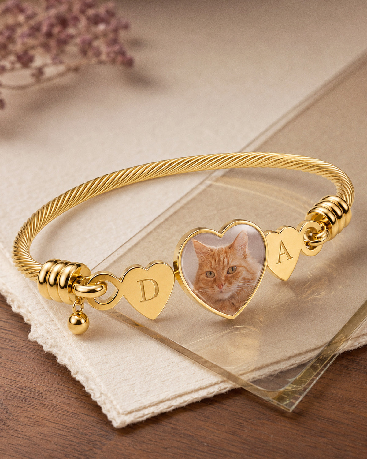Stainless Steel Photo Engraved Heart Shaped Bangle Bracelet with Initials - lifestyle