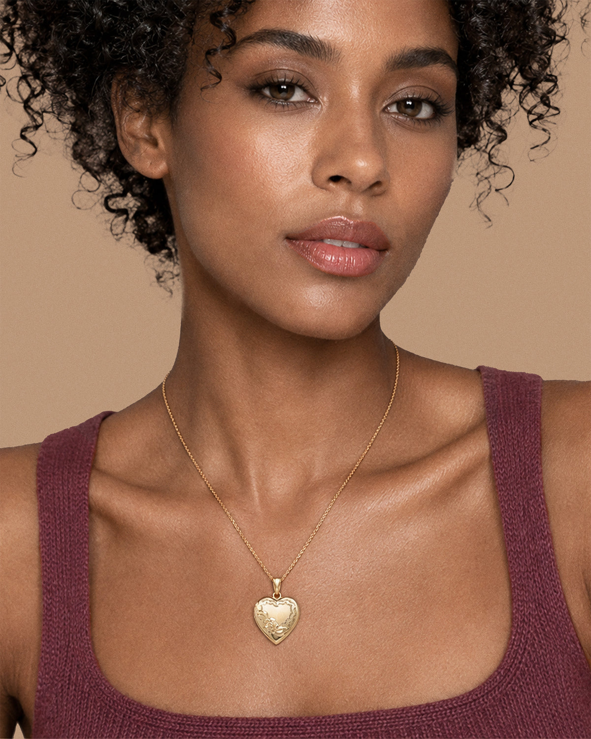 14k Gold Filled Heart Floral Design Photo Locket - on model