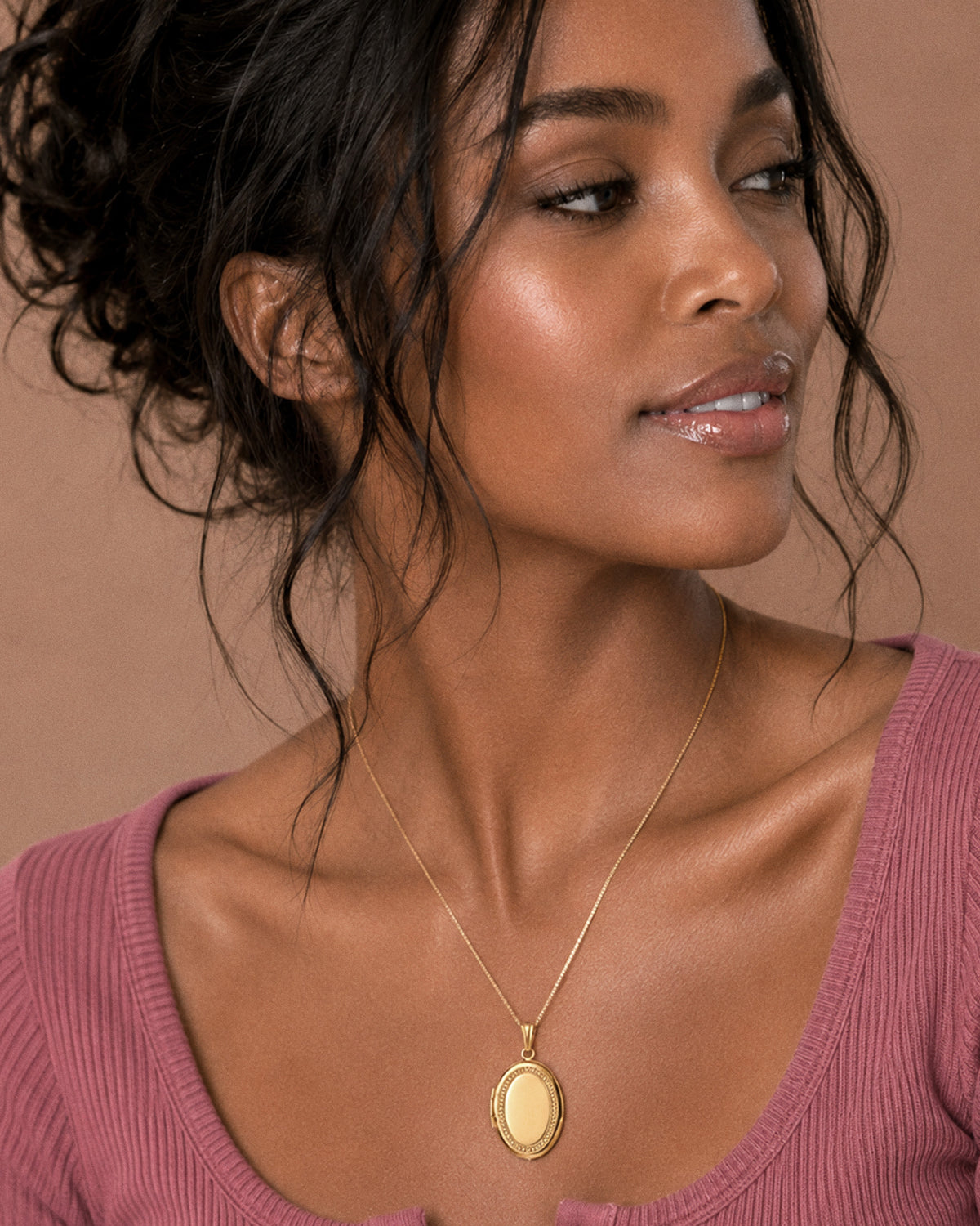 14k Gold Filled Oval with Beaded Border Photo Locket - on model