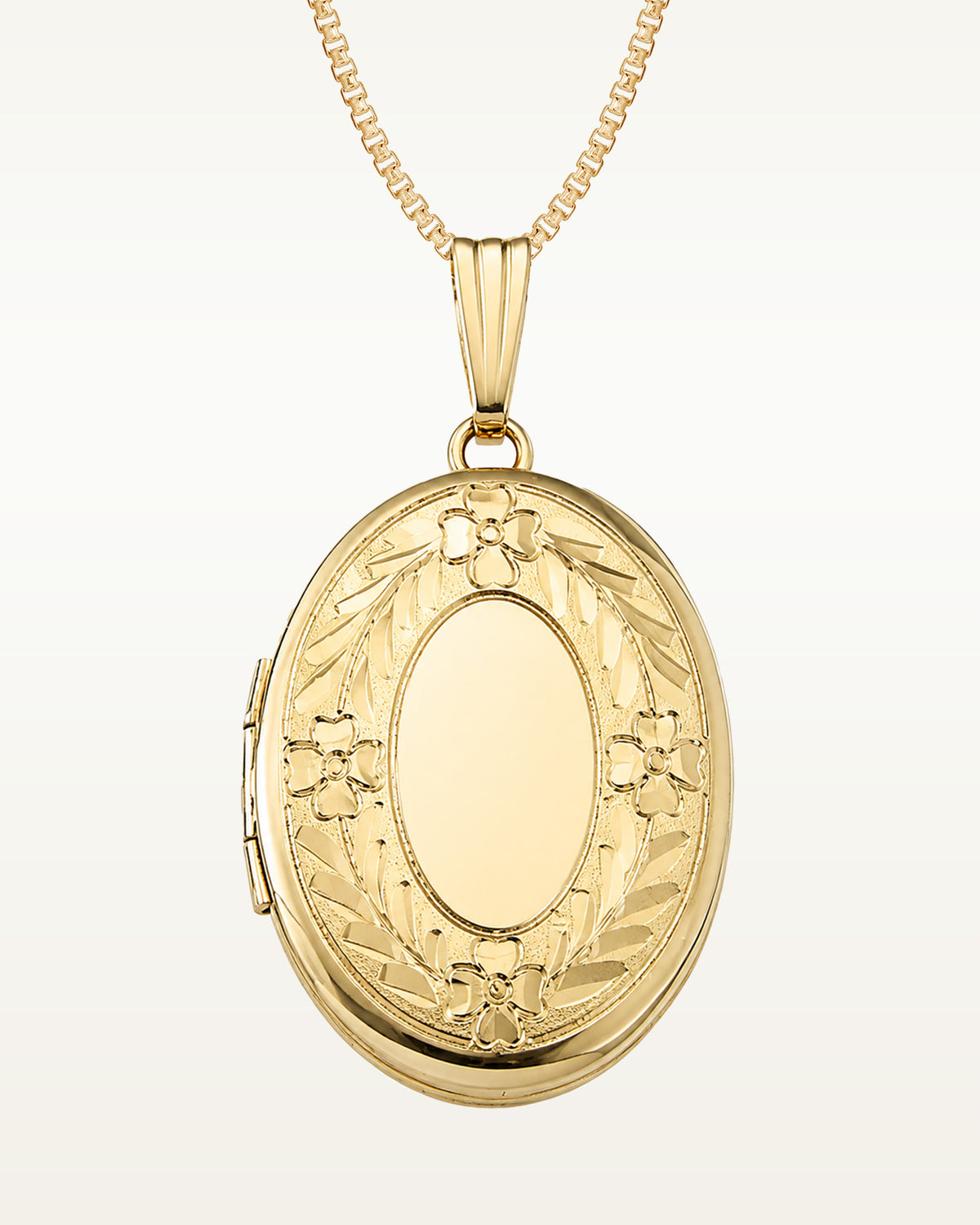 Solid 14K Yellow Gold Petite Oval Photo Locket with Floral Border